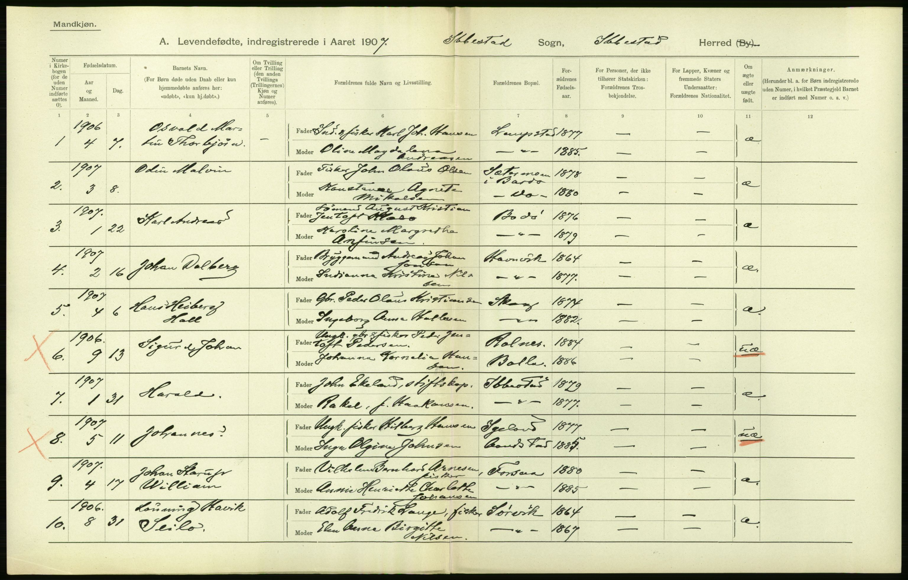 Statistisk sentralbyrå, Sosiodemografiske emner, Befolkning, AV/RA-S-2228/D/Df/Dfa/Dfae/L0046: Tromsø amt: Levendefødte menn og kvinner. Bygder og byer., 1907, s. 40