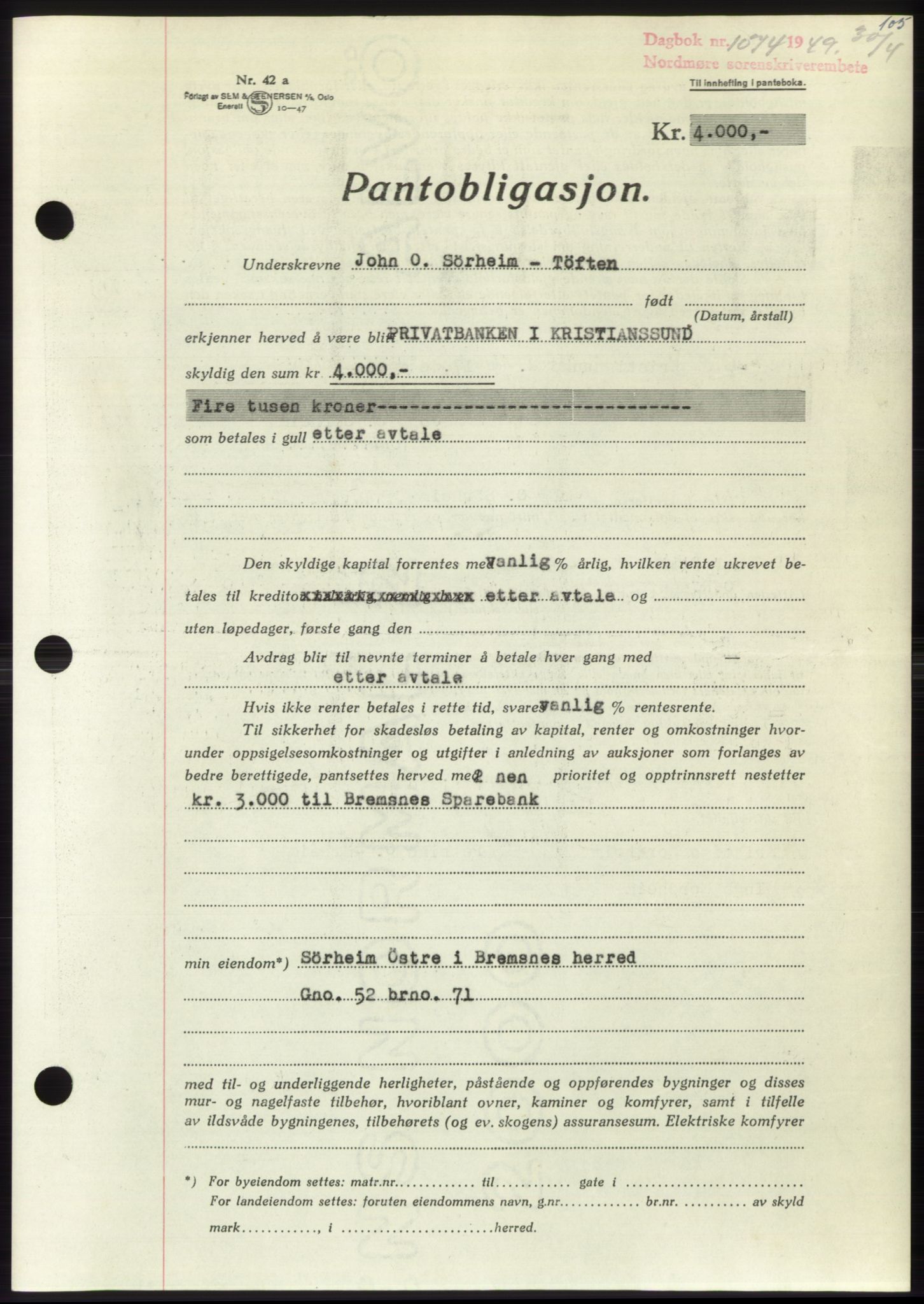 Nordmøre sorenskriveri, AV/SAT-A-4132/1/2/2Ca: Pantebok nr. B101, 1949-1949, Dagboknr: 1074/1949