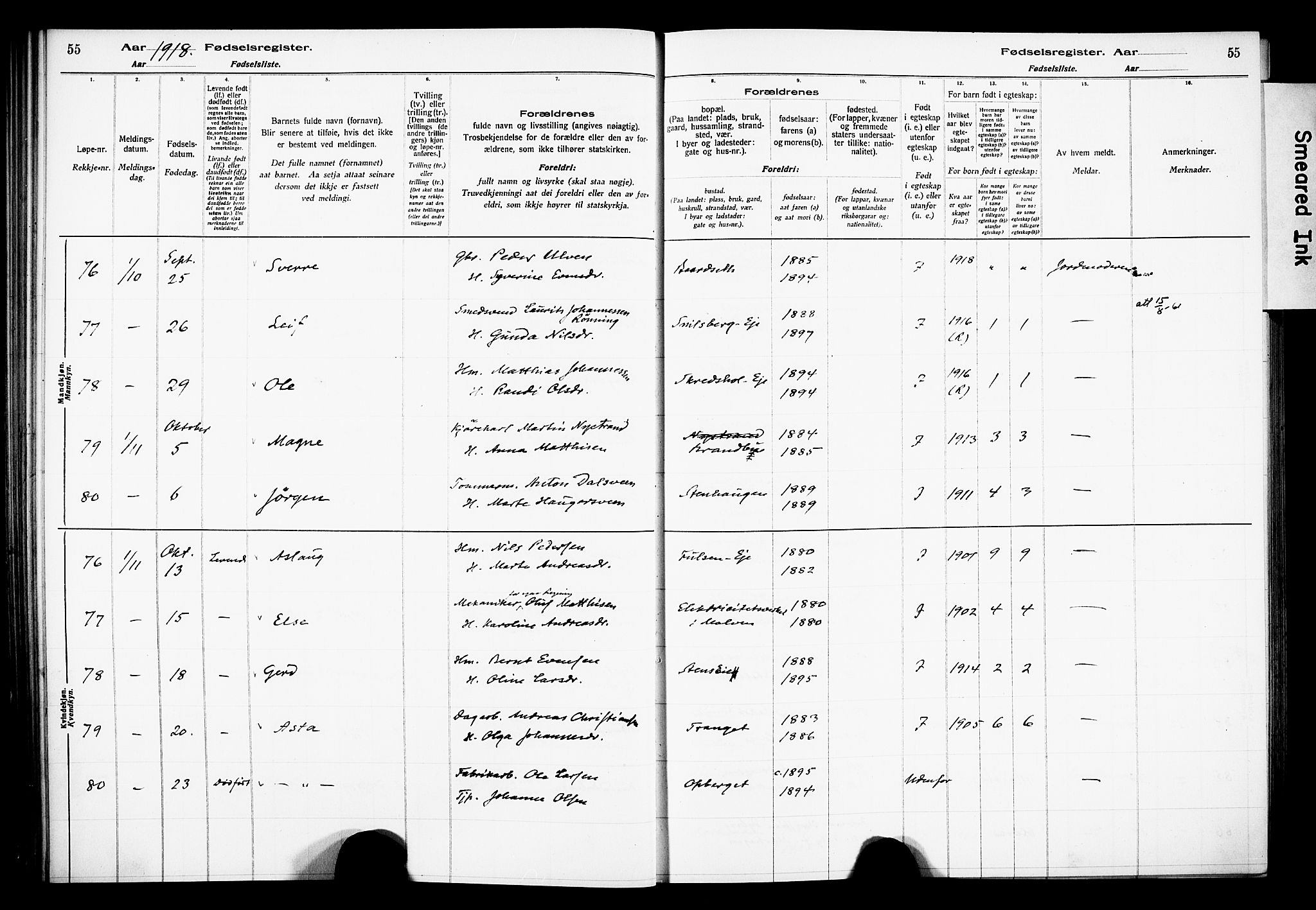 Ringsaker prestekontor, AV/SAH-PREST-014/O/Oa/L0001: Fødselsregister nr. 1, 1916-1925, s. 55