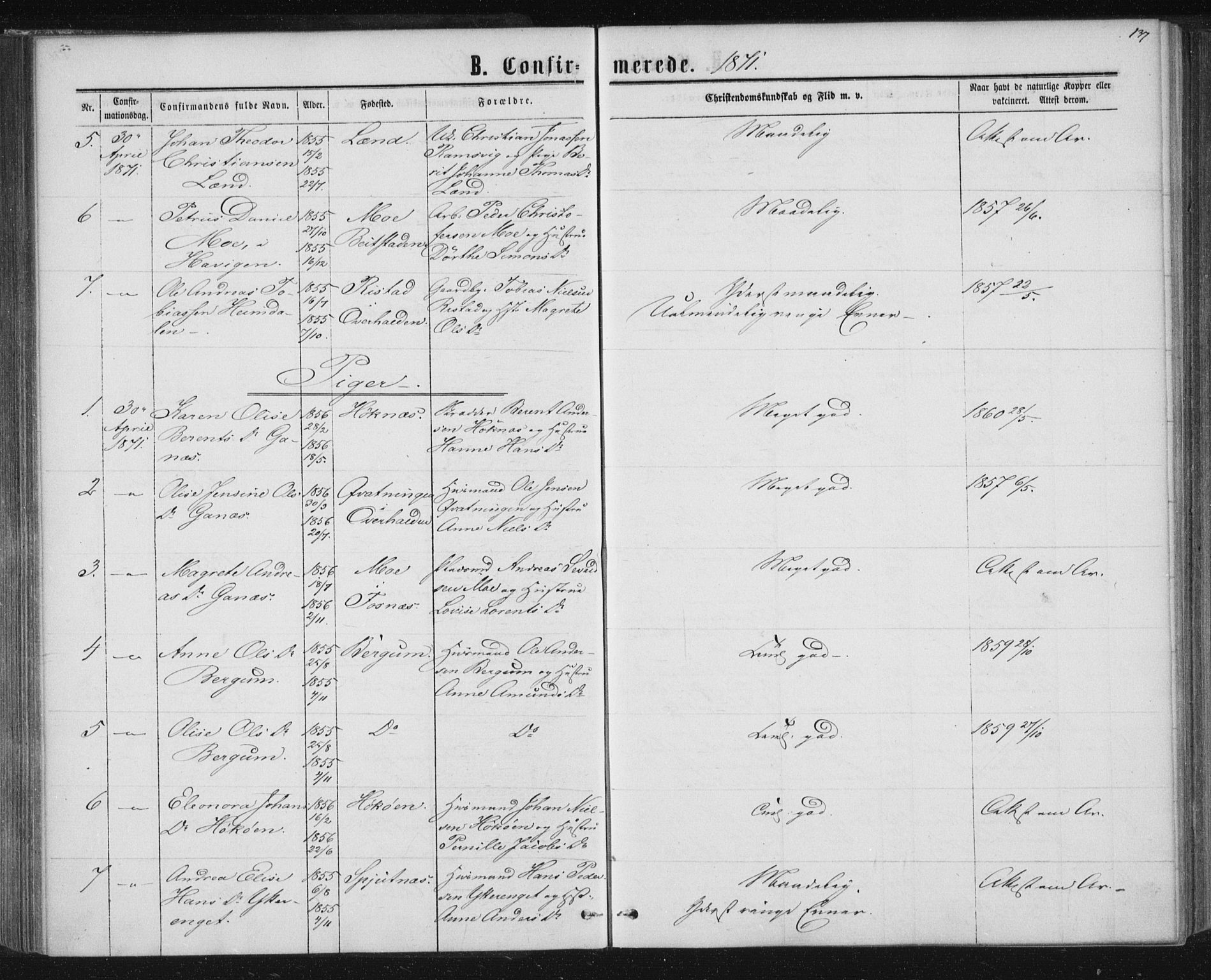 Ministerialprotokoller, klokkerbøker og fødselsregistre - Nord-Trøndelag, SAT/A-1458/768/L0570: Ministerialbok nr. 768A05, 1865-1874, s. 137