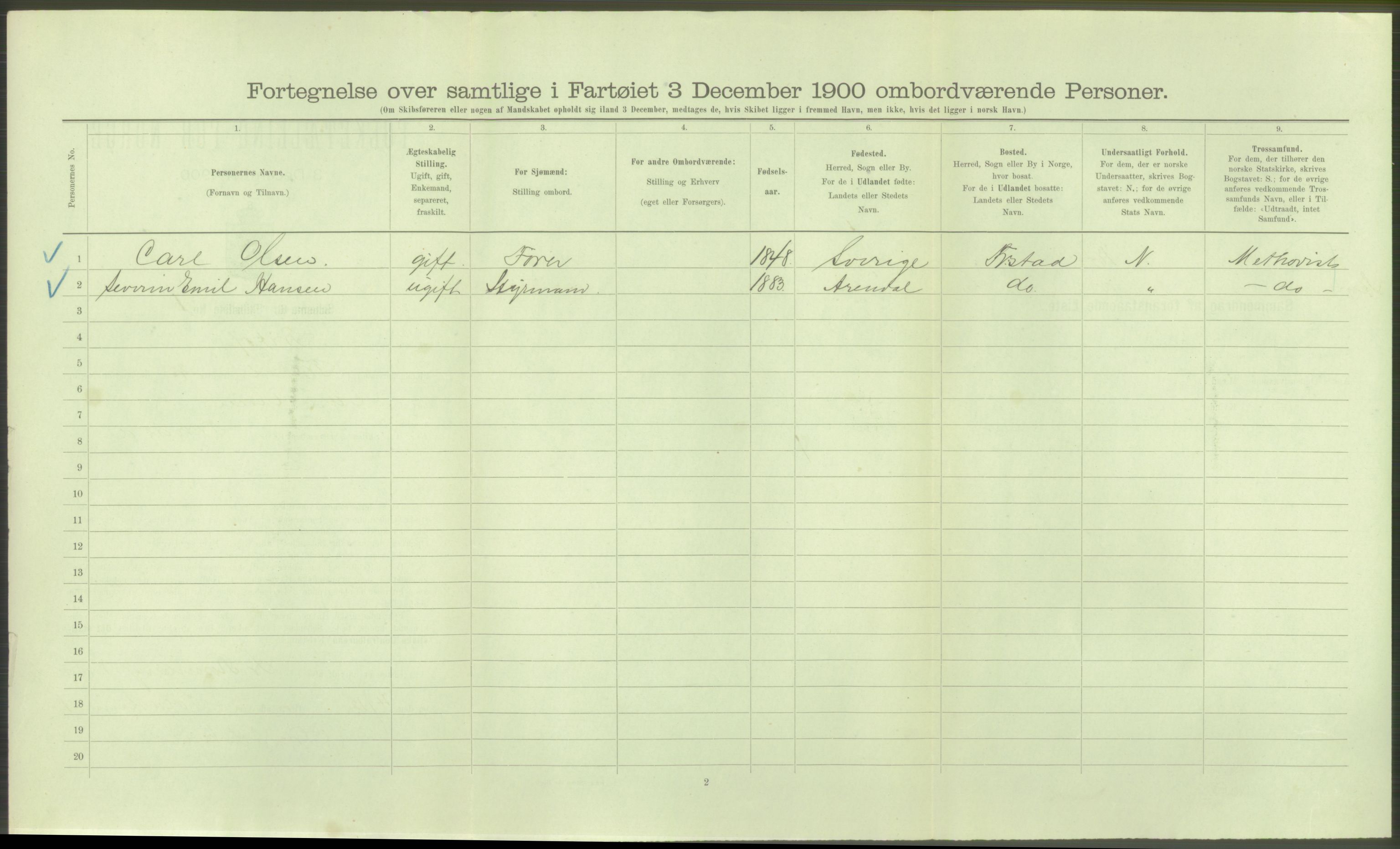 RA, Folketelling 1900 - skipslister med personlister for skip i norske havner, utenlandske havner og til havs, 1900, s. 4