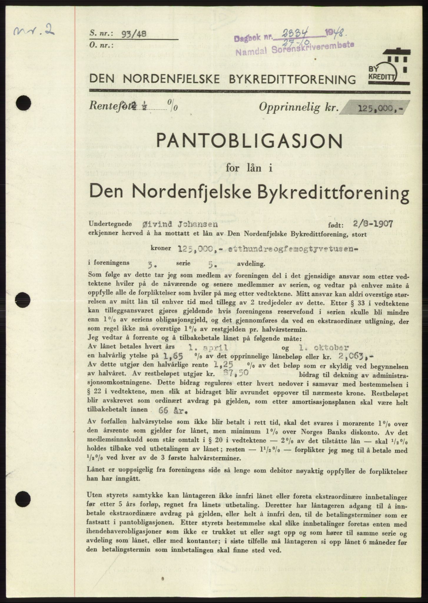 Namdal sorenskriveri, SAT/A-4133/1/2/2C: Pantebok nr. -, 1948-1948, Dagboknr: 2334/1948