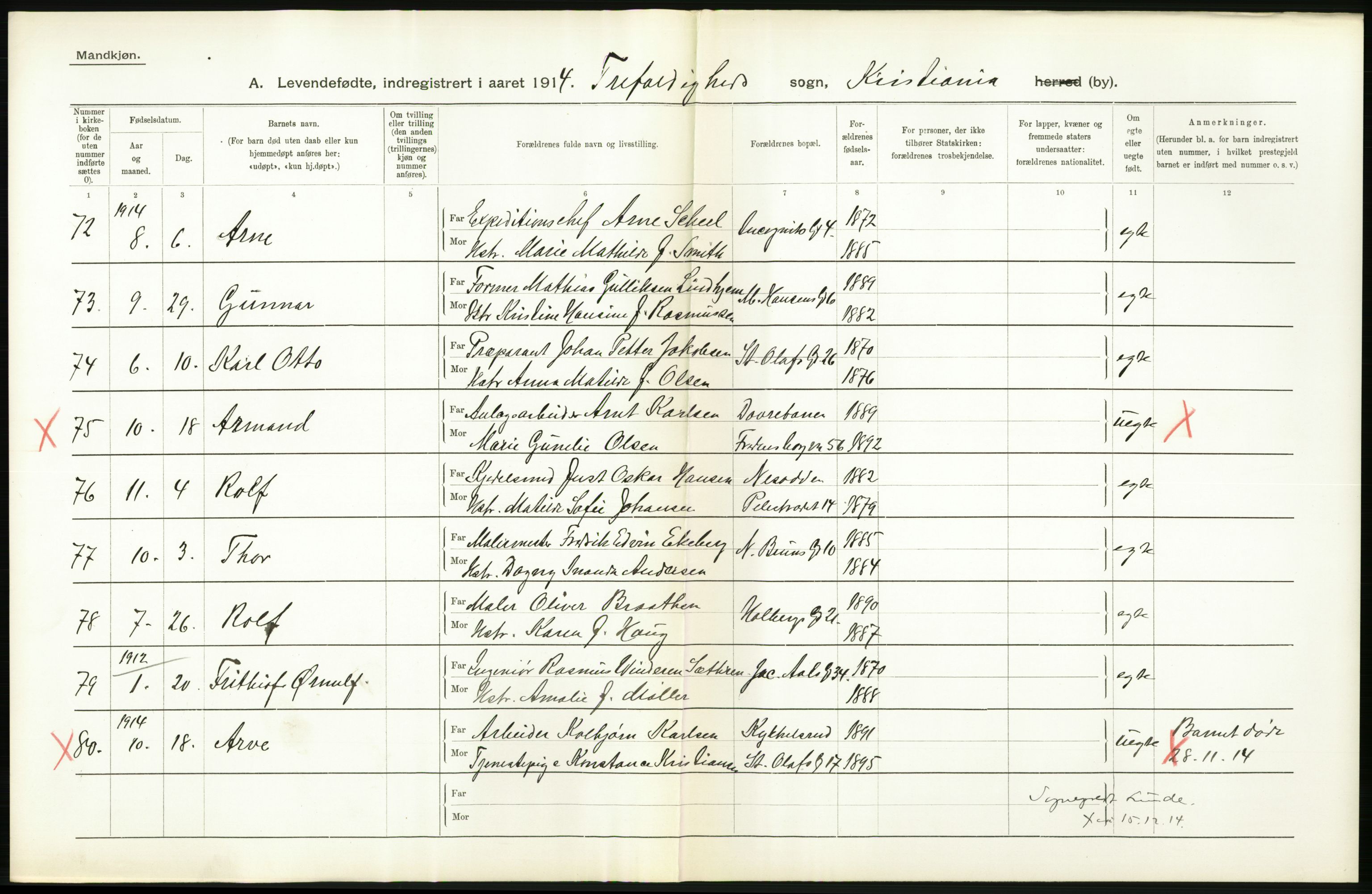 Statistisk sentralbyrå, Sosiodemografiske emner, Befolkning, RA/S-2228/D/Df/Dfb/Dfbd/L0006: Kristiania: Levendefødte menn og kvinner., 1914, s. 208