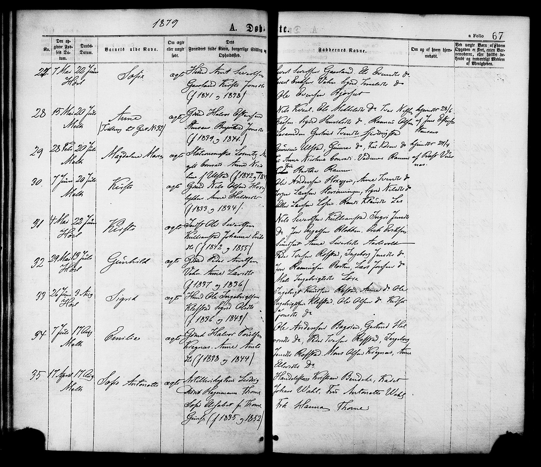 Ministerialprotokoller, klokkerbøker og fødselsregistre - Sør-Trøndelag, AV/SAT-A-1456/691/L1079: Ministerialbok nr. 691A11, 1873-1886, s. 67