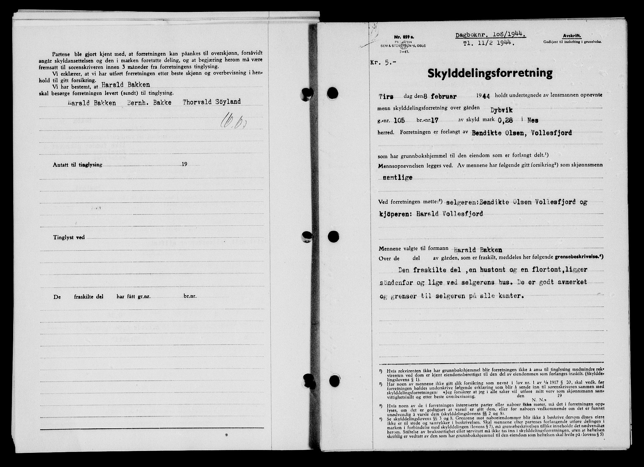 Flekkefjord sorenskriveri, SAK/1221-0001/G/Gb/Gba/L0059: Pantebok nr. A-7, 1944-1945, Dagboknr: 108/1944