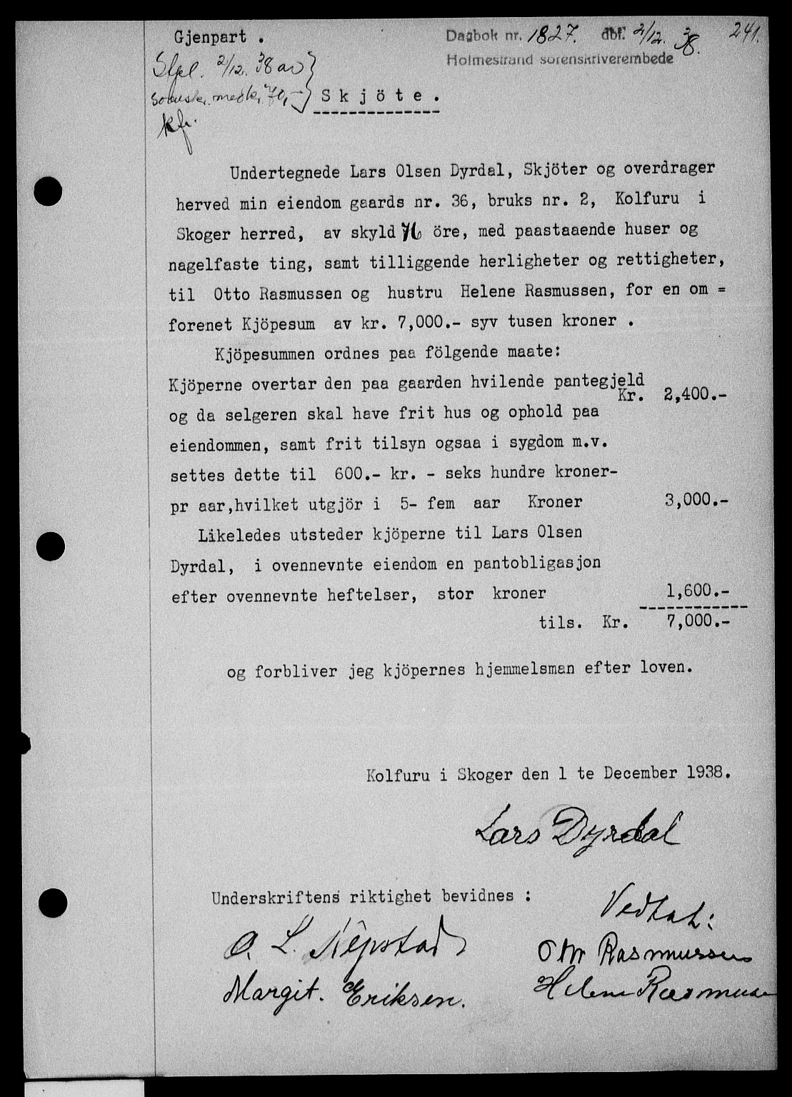 Holmestrand sorenskriveri, SAKO/A-67/G/Ga/Gaa/L0050: Pantebok nr. A-50, 1938-1939, Dagboknr: 1827/1938