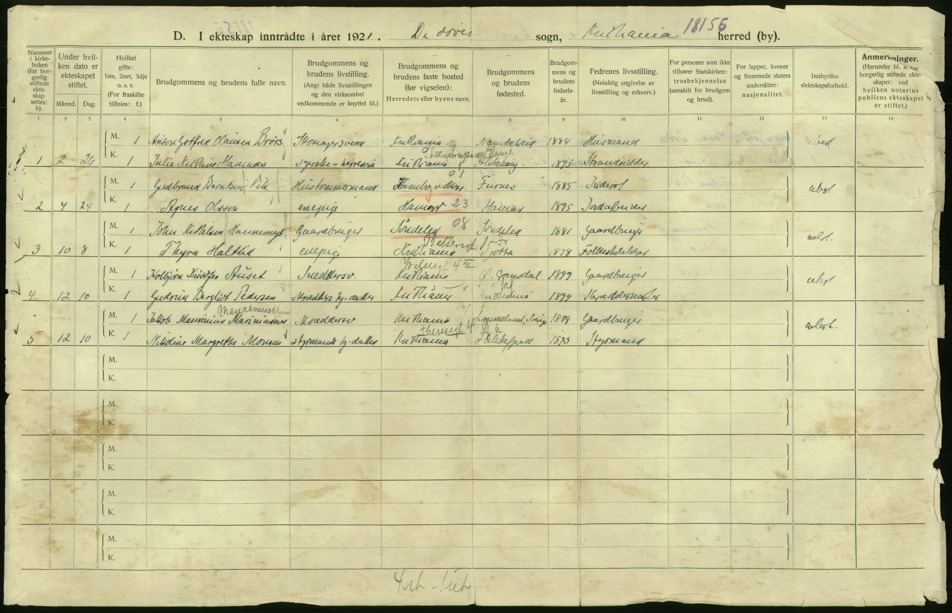 Statistisk sentralbyrå, Sosiodemografiske emner, Befolkning, RA/S-2228/D/Df/Dfc/Dfca/L0011: Kristiania: Gifte, 1921, s. 904