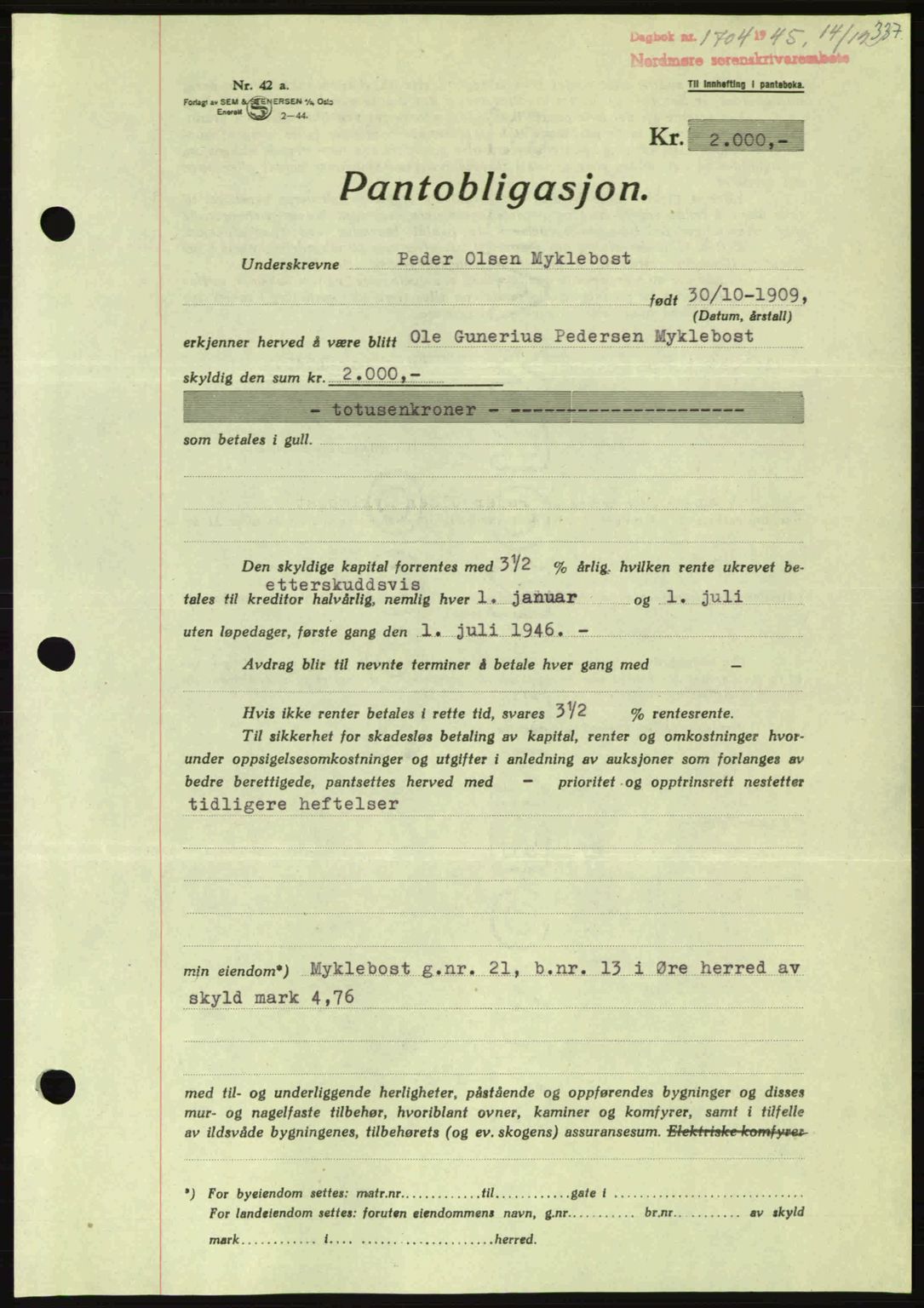 Nordmøre sorenskriveri, AV/SAT-A-4132/1/2/2Ca: Pantebok nr. B93a, 1945-1945, Dagboknr: 1704/1945