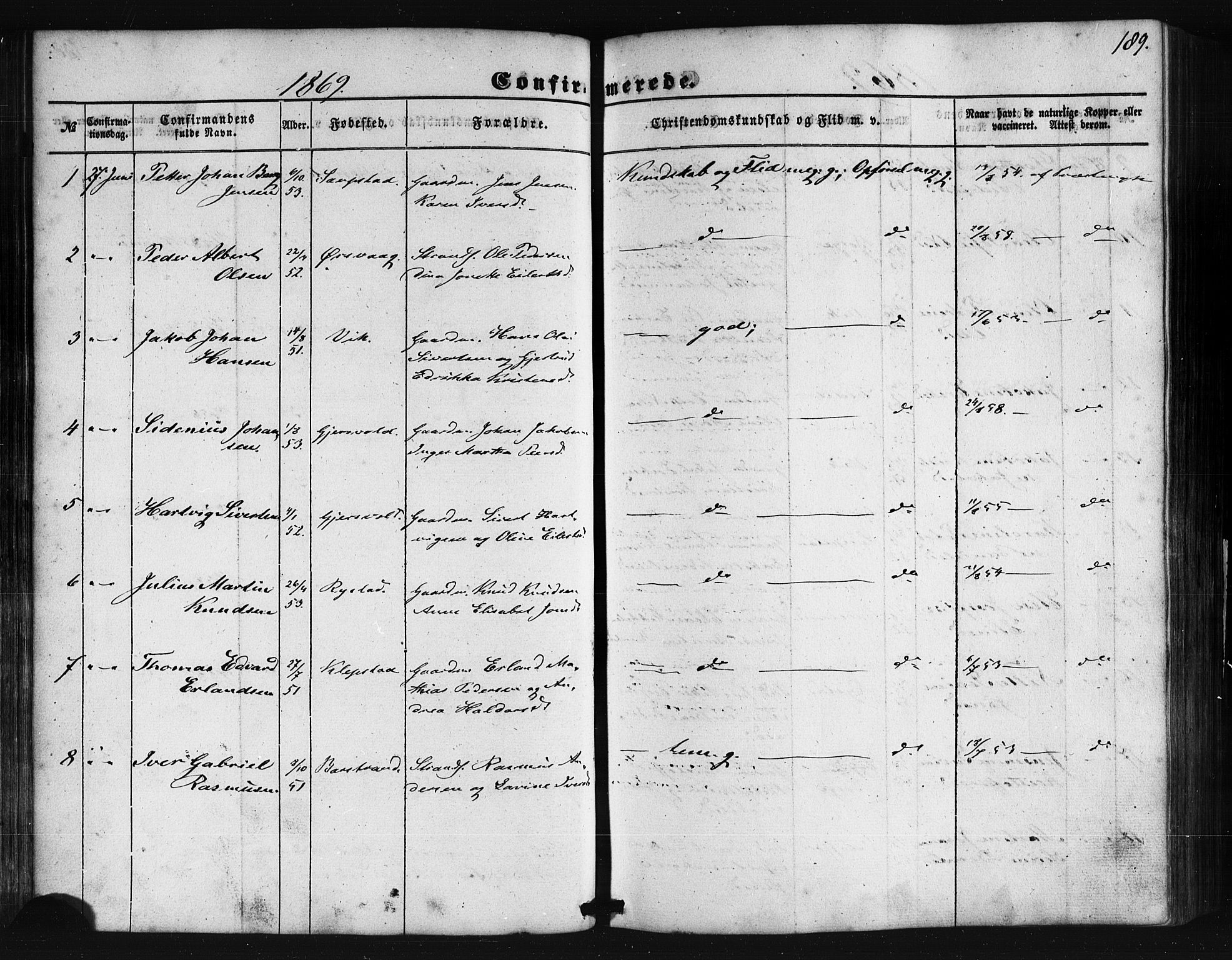 Ministerialprotokoller, klokkerbøker og fødselsregistre - Nordland, SAT/A-1459/876/L1095: Ministerialbok nr. 876A01, 1863-1885, s. 189