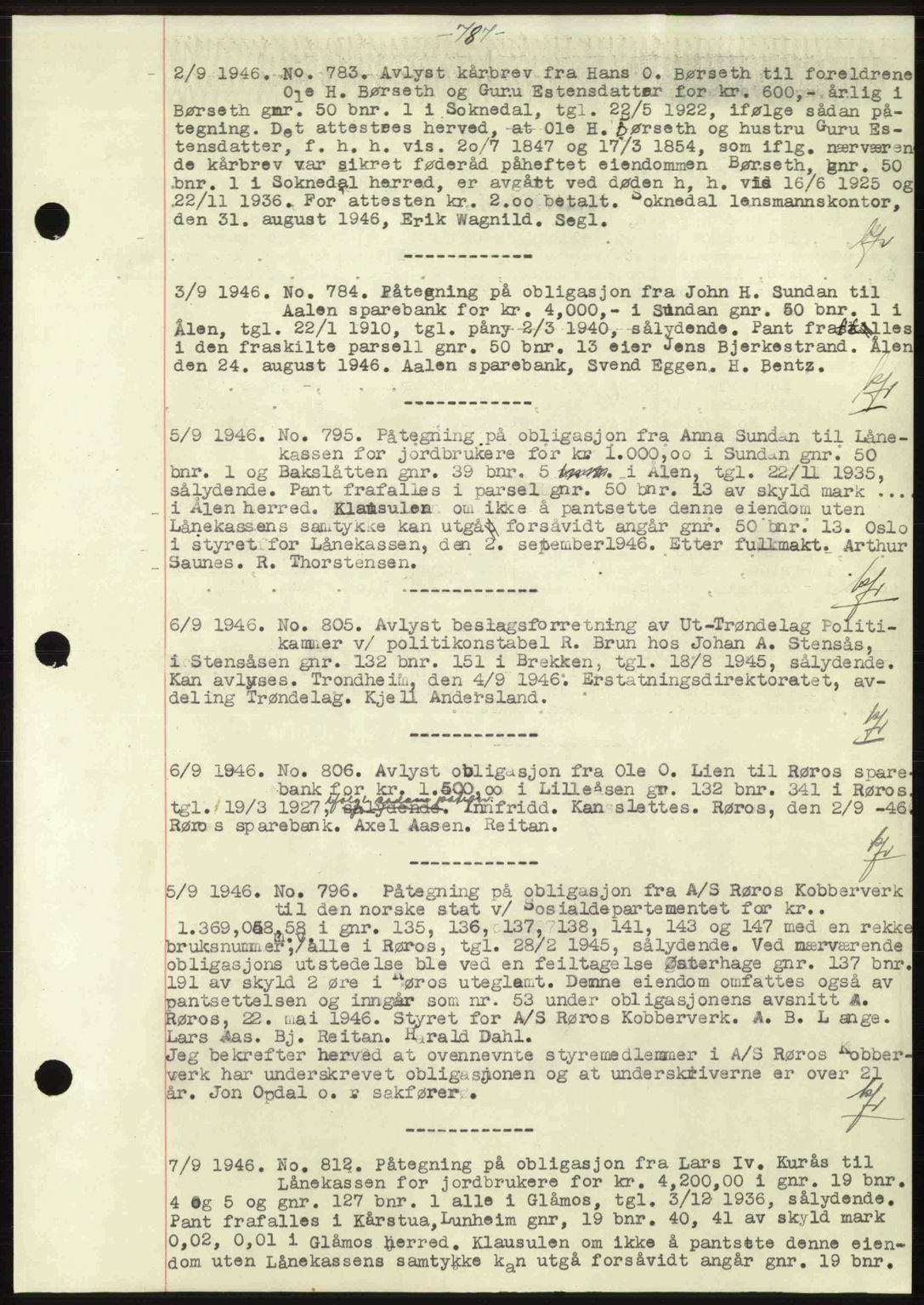 Gauldal sorenskriveri, SAT/A-0014/1/2/2C: Pantebok nr. A2, 1946-1946, Dagboknr: 783/1946