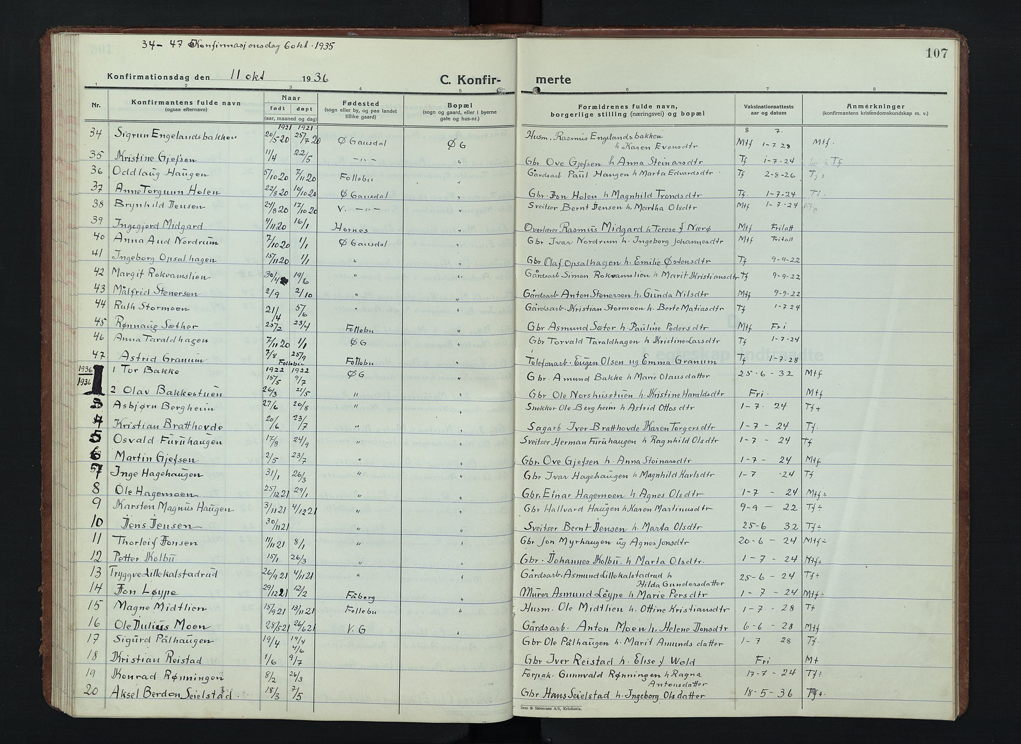 Østre Gausdal prestekontor, AV/SAH-PREST-092/H/Ha/Hab/L0006: Klokkerbok nr. 6, 1922-1945, s. 107