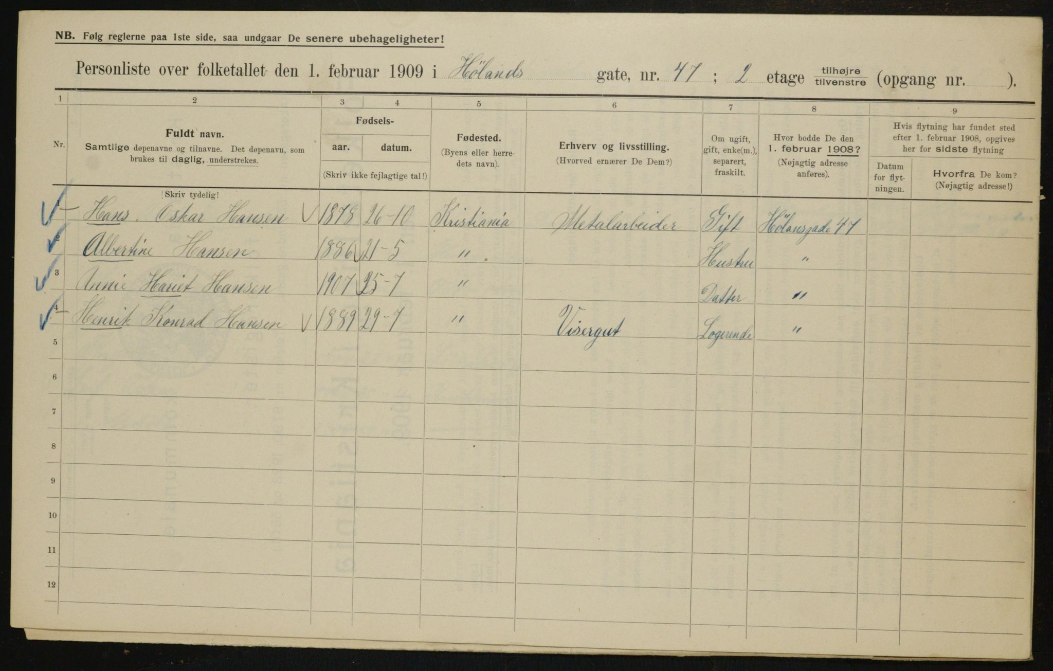 OBA, Kommunal folketelling 1.2.1909 for Kristiania kjøpstad, 1909, s. 38763