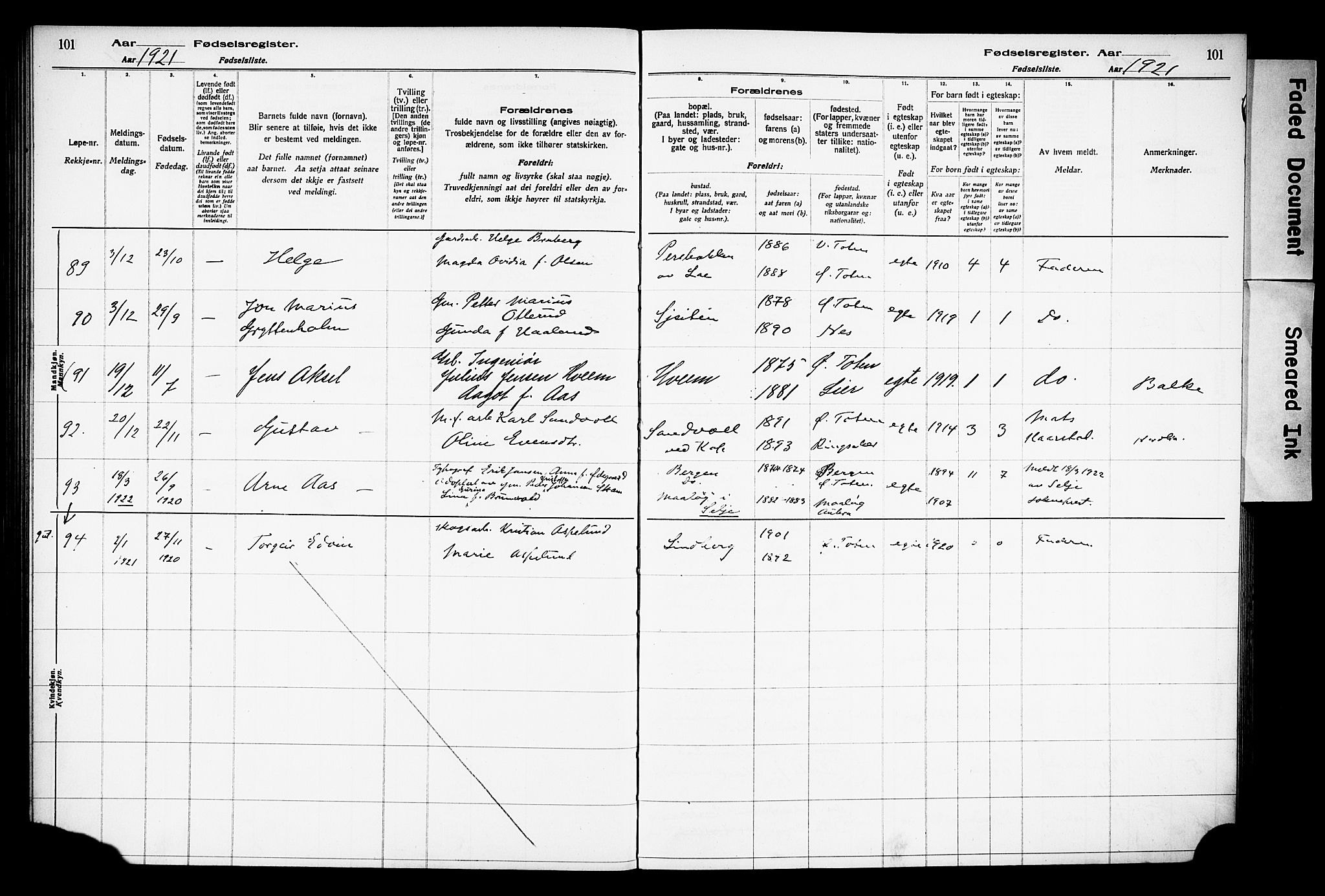 Østre Toten prestekontor, SAH/PREST-104/I/Id/L0001/0001: Fødselsregister nr. 1.1, 1916-1928, s. 101