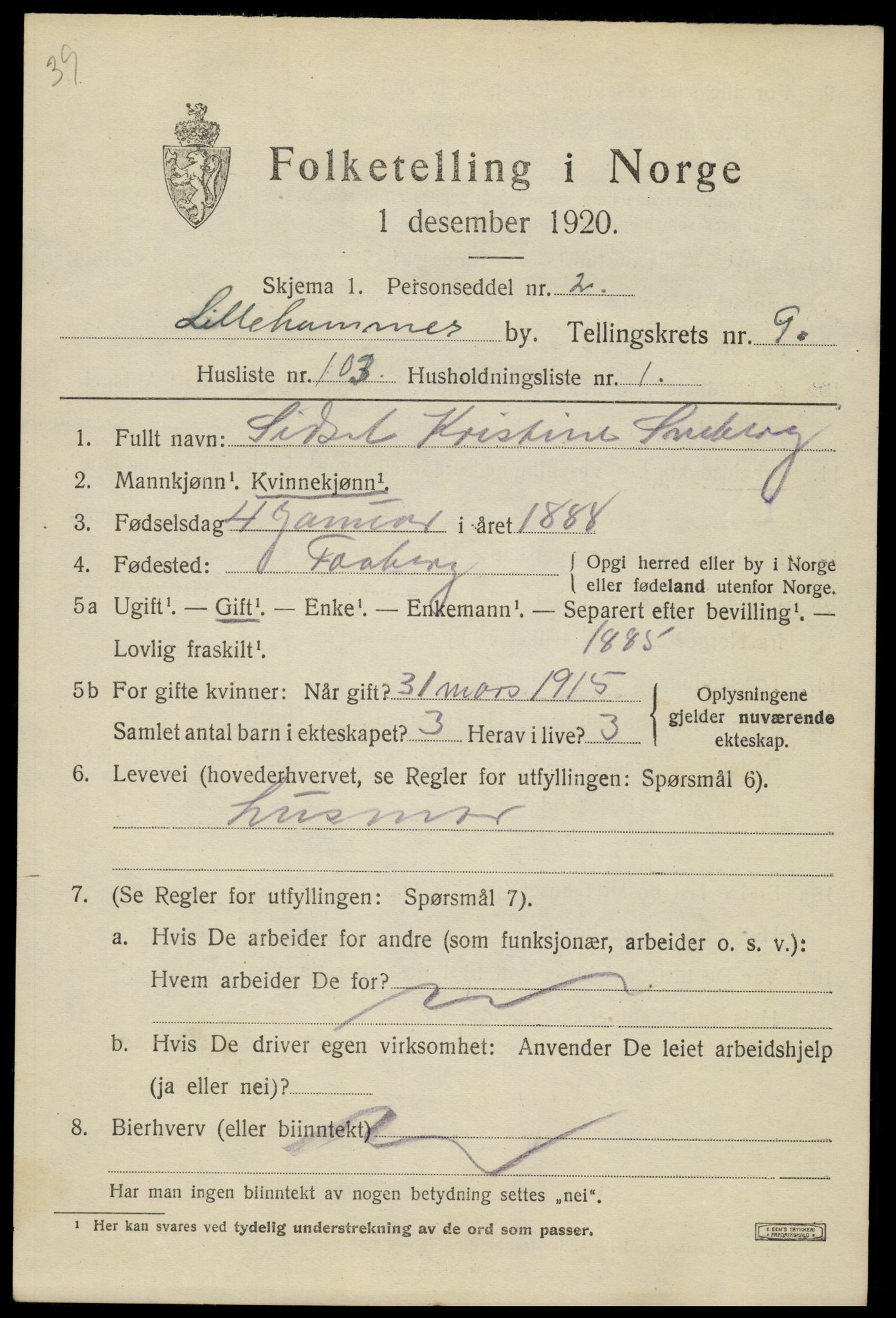SAH, Folketelling 1920 for 0501 Lillehammer kjøpstad, 1920, s. 13310
