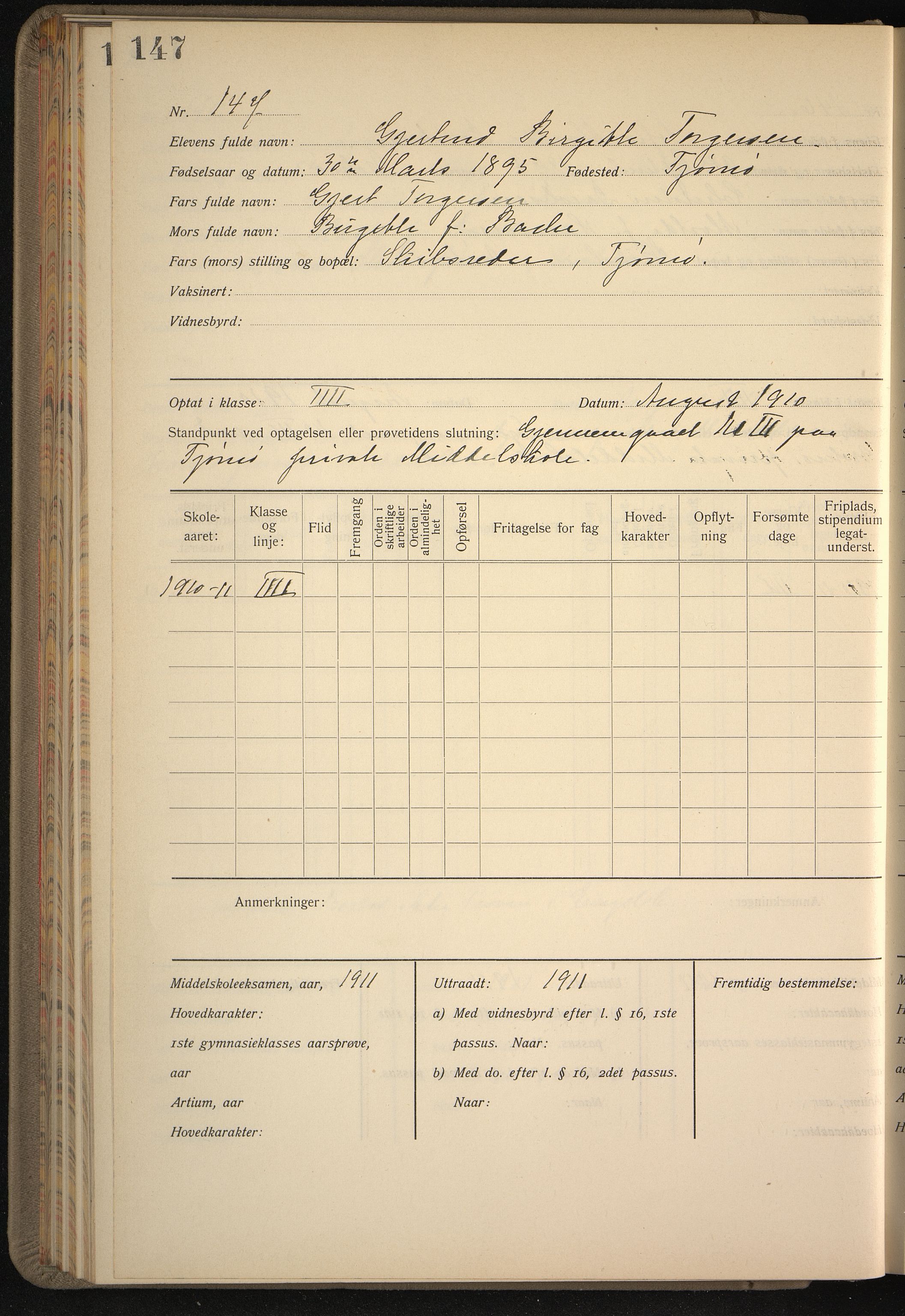 Vestfold fylkeskommune. Greveskogen videregående skole før 1998, VEMU/A-1162/G/Gb/L0003: Manntallsprotokoll Pikeskolen, 1909-1911, s. 148