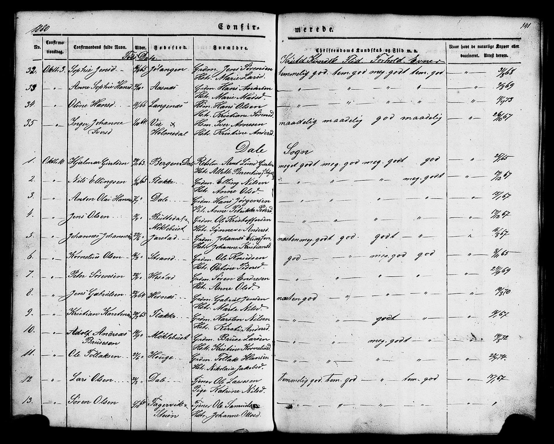 Fjaler sokneprestembete, AV/SAB-A-79801/H/Haa/Haaa/L0008: Ministerialbok nr. A 8, 1850-1886, s. 141