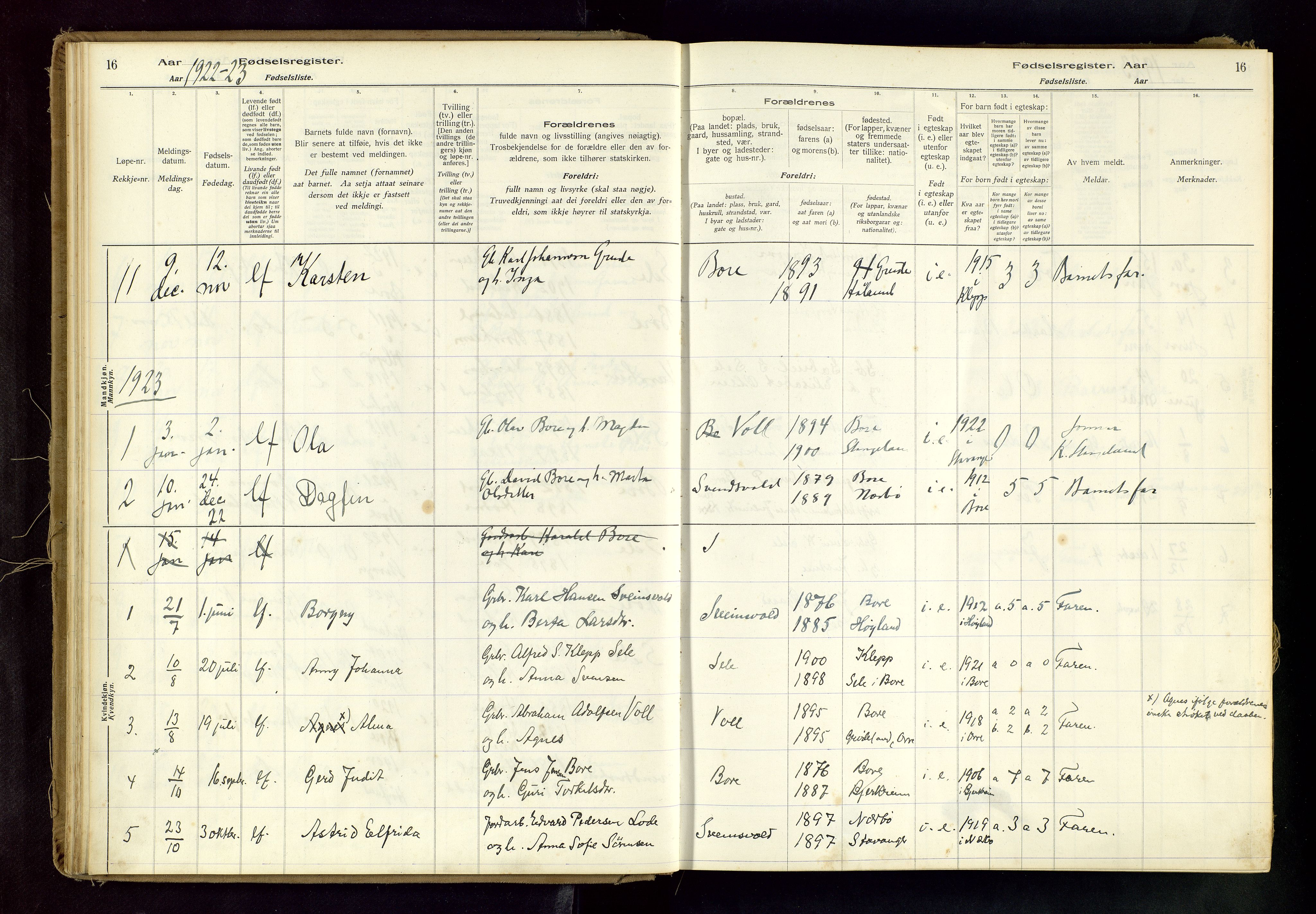 Klepp sokneprestkontor, SAST/A-101803/001/704BAB/L0001: Fødselsregister nr. 1, 1916-1976, s. 16