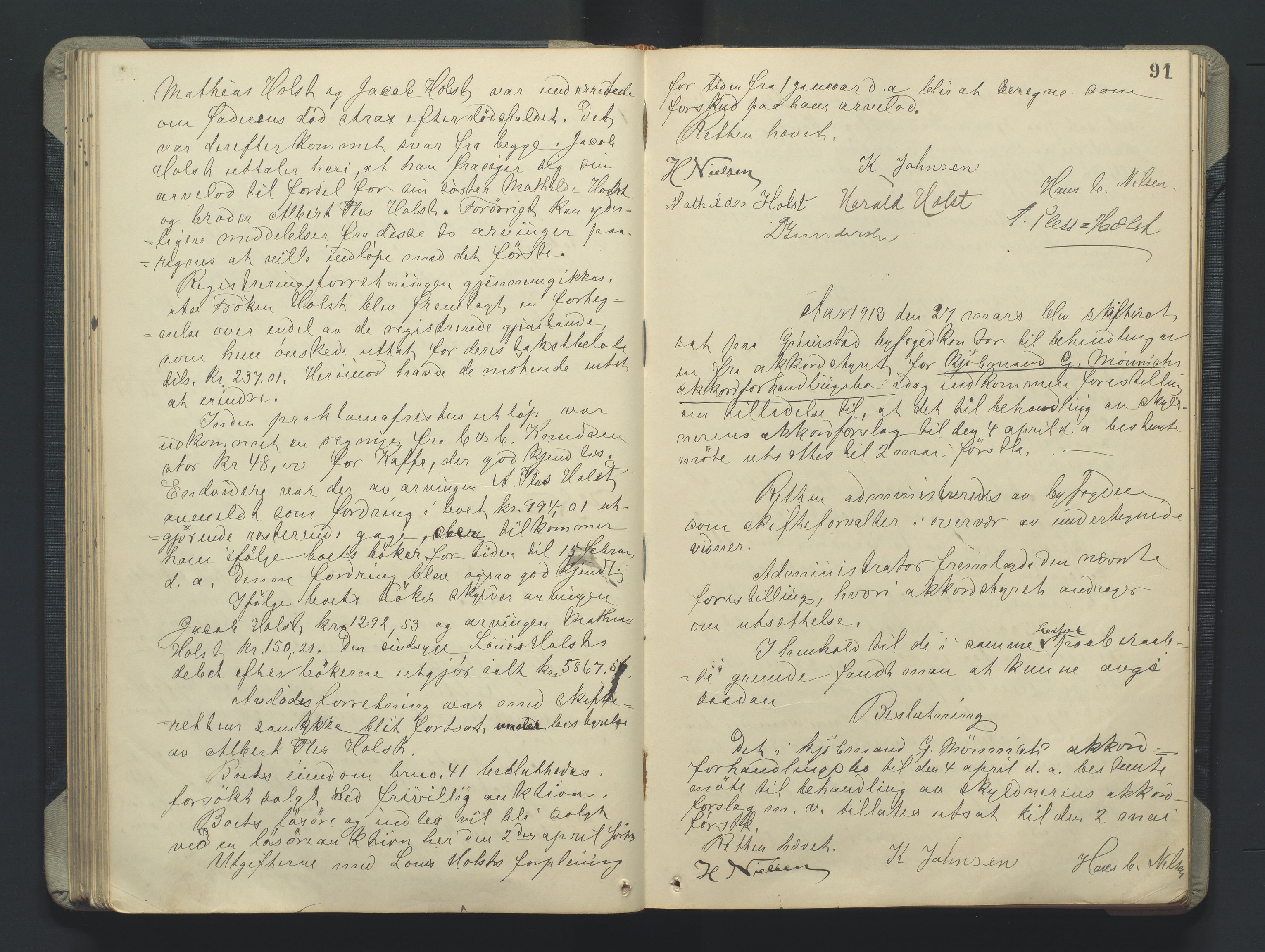 Grimstad byfogd, AV/SAK-1222-0003/H/Hc/L0009: Skifteprotokoll nr. 9, 1908-1918, s. 91