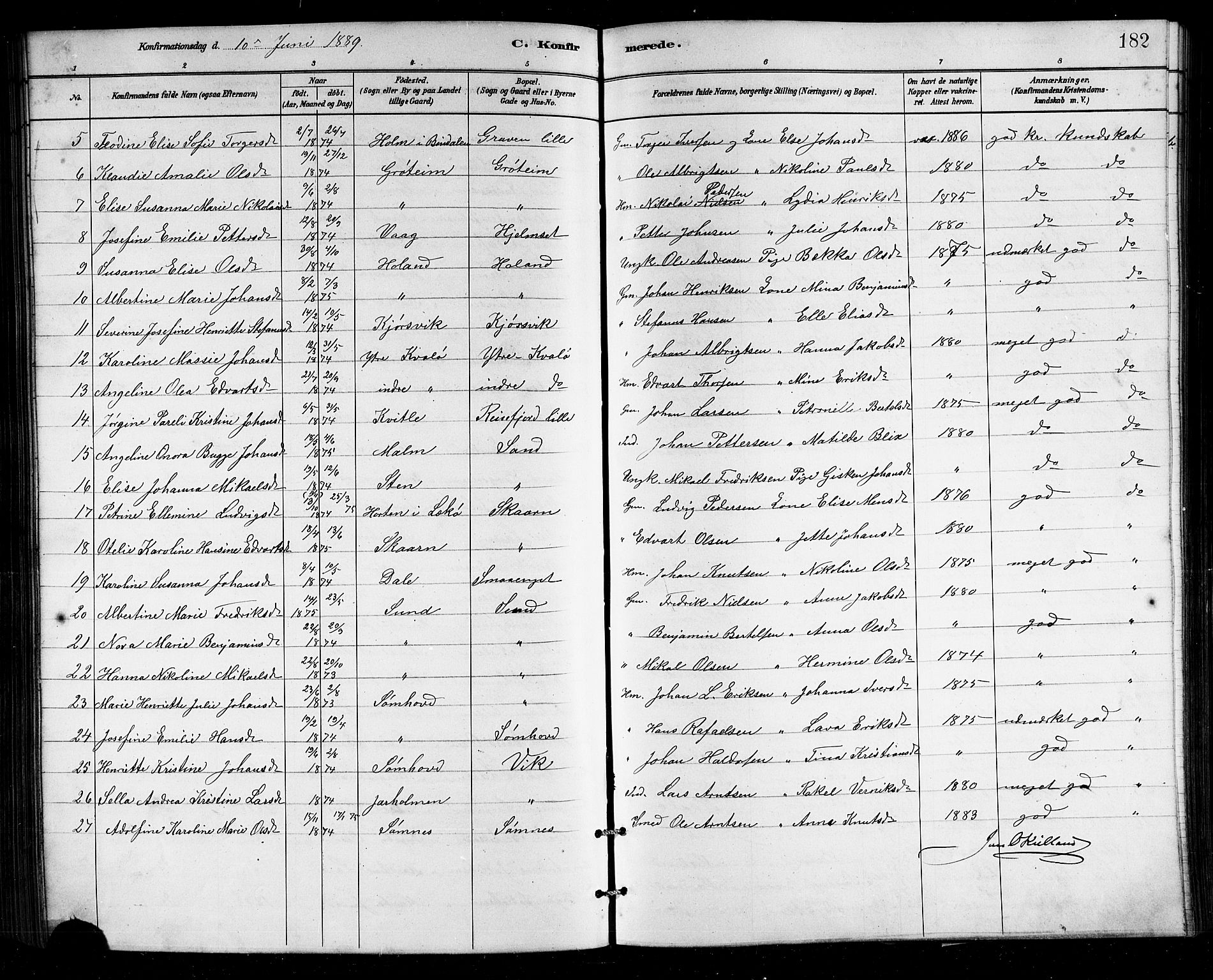 Ministerialprotokoller, klokkerbøker og fødselsregistre - Nordland, SAT/A-1459/812/L0188: Klokkerbok nr. 812C06, 1884-1912, s. 182