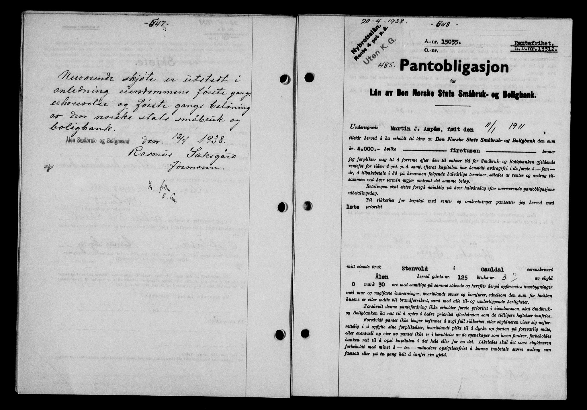 Gauldal sorenskriveri, SAT/A-0014/1/2/2C/L0048: Pantebok nr. 51-52, 1937-1938, s. 547-548, Dagboknr: 485/1938
