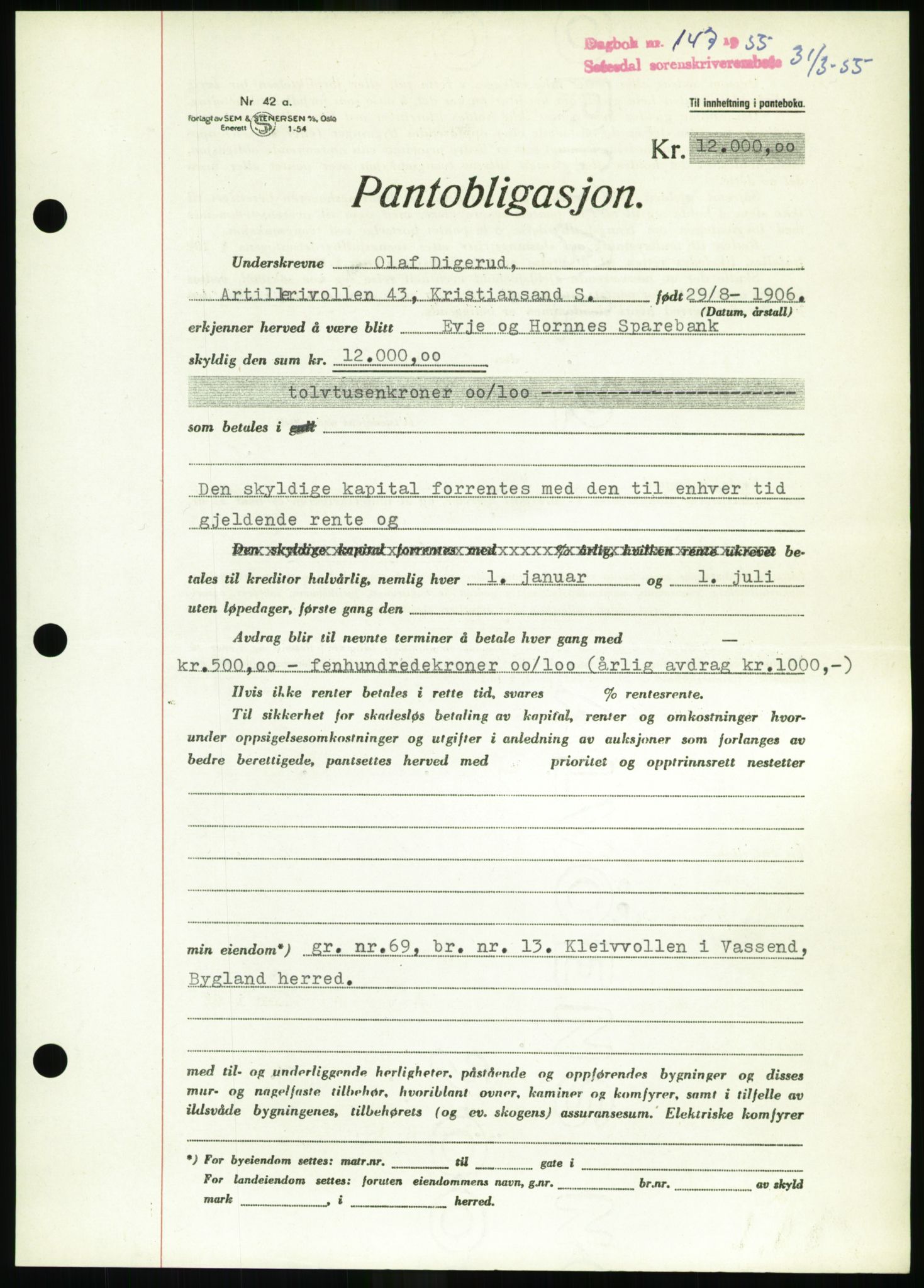 Setesdal sorenskriveri, SAK/1221-0011/G/Gb/L0052: Pantebok nr. B 40, 1954-1955, Dagboknr: 147/1955