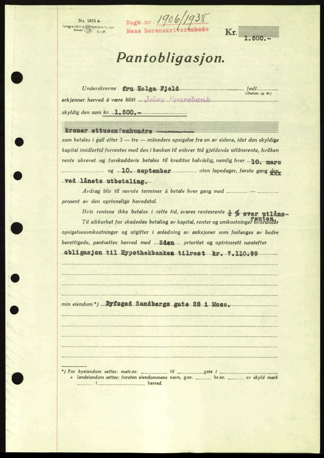 Moss sorenskriveri, SAO/A-10168: Pantebok nr. B6, 1938-1938, Dagboknr: 1906/1938
