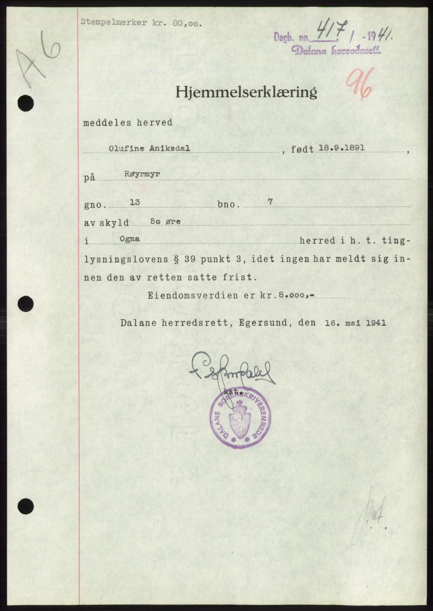 Dalane sorenskriveri, SAST/A-100309/02/G/Gb/L0058: Pantebok, 1926-1950, Tingl.dato: 16.05.1941