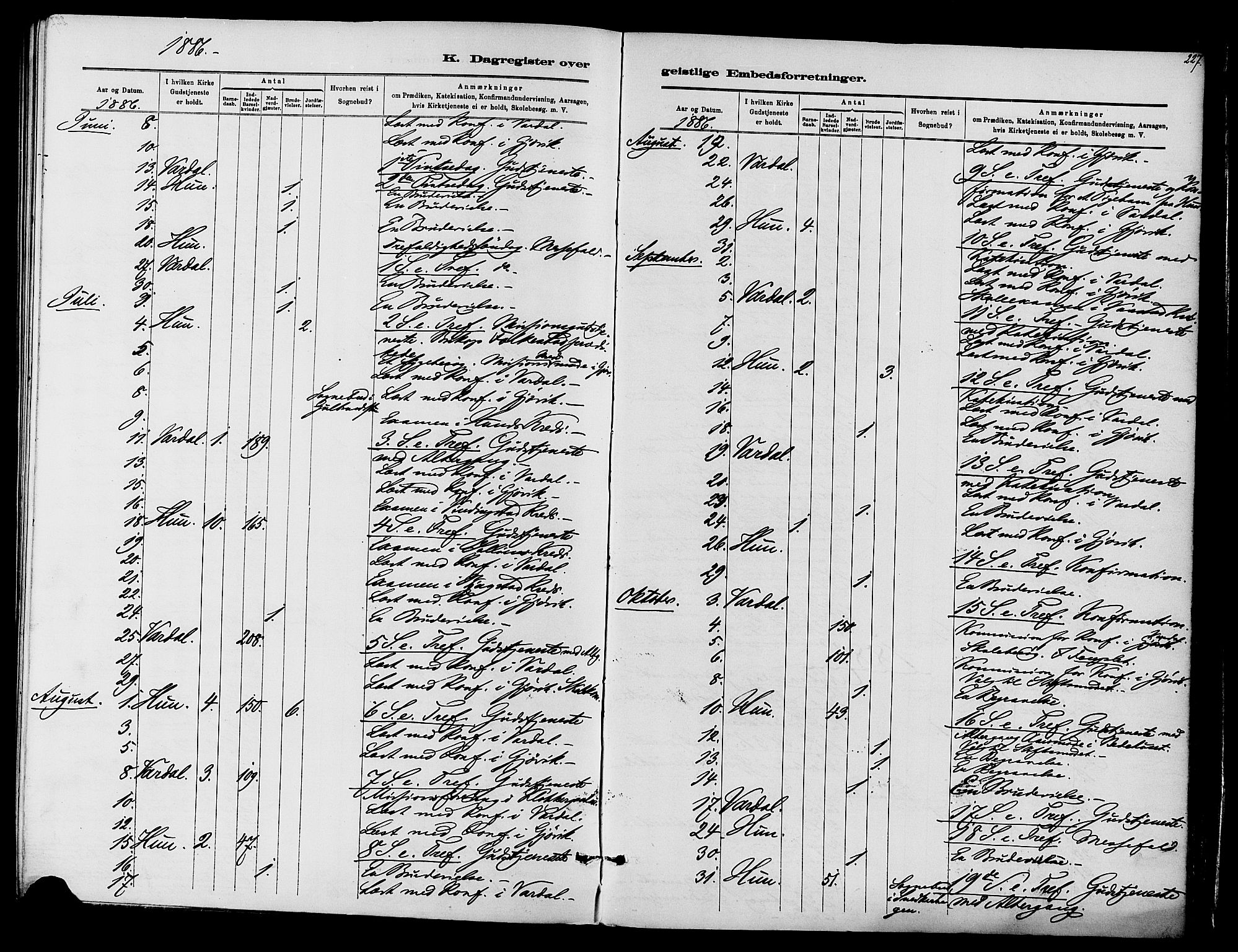 Vardal prestekontor, AV/SAH-PREST-100/H/Ha/Haa/L0010: Ministerialbok nr. 10, 1878-1893, s. 227