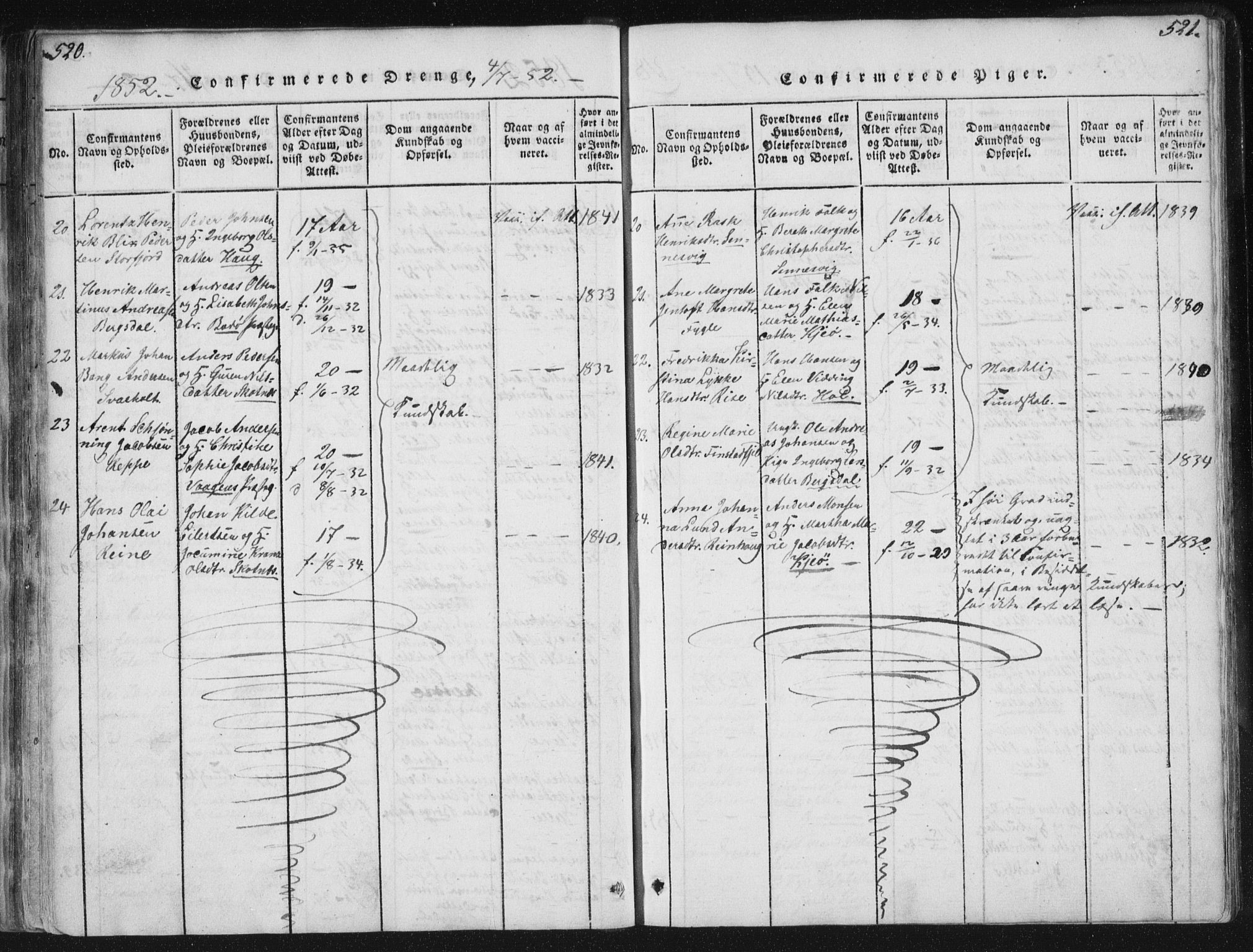 Ministerialprotokoller, klokkerbøker og fødselsregistre - Nordland, AV/SAT-A-1459/881/L1164: Klokkerbok nr. 881C01, 1818-1853, s. 520-521