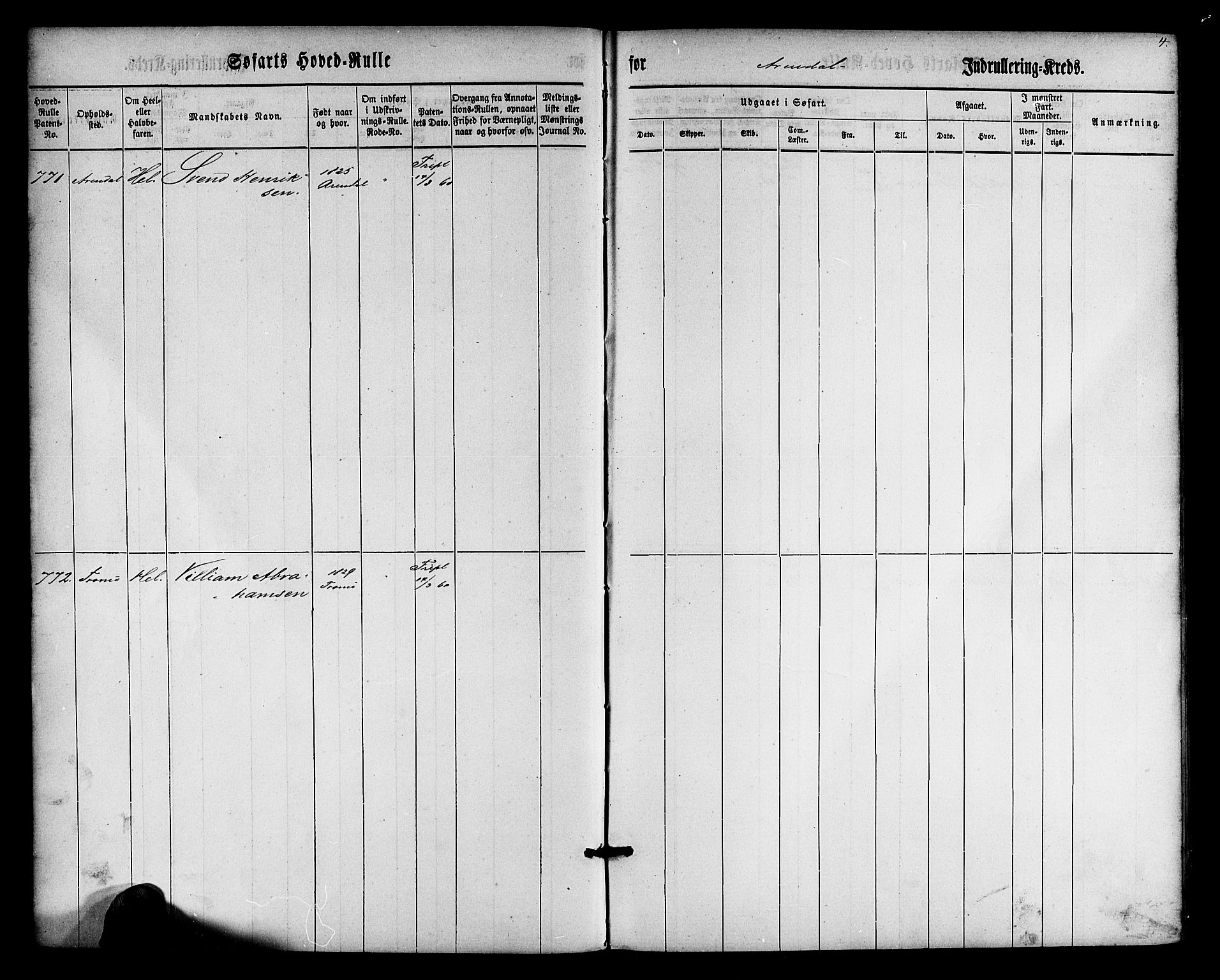 Arendal mønstringskrets, SAK/2031-0012/F/Fb/L0009: Hovedrulle nr 767-1532, S-7, 1857-1864, s. 4