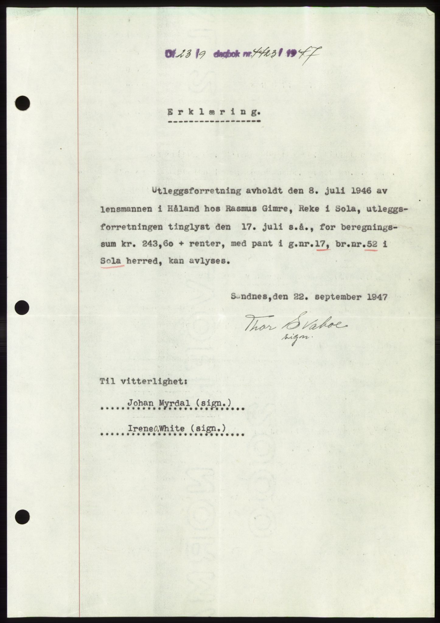Jæren sorenskriveri, SAST/A-100310/03/G/Gba/L0096: Pantebok, 1947-1947, Dagboknr: 4423/1947