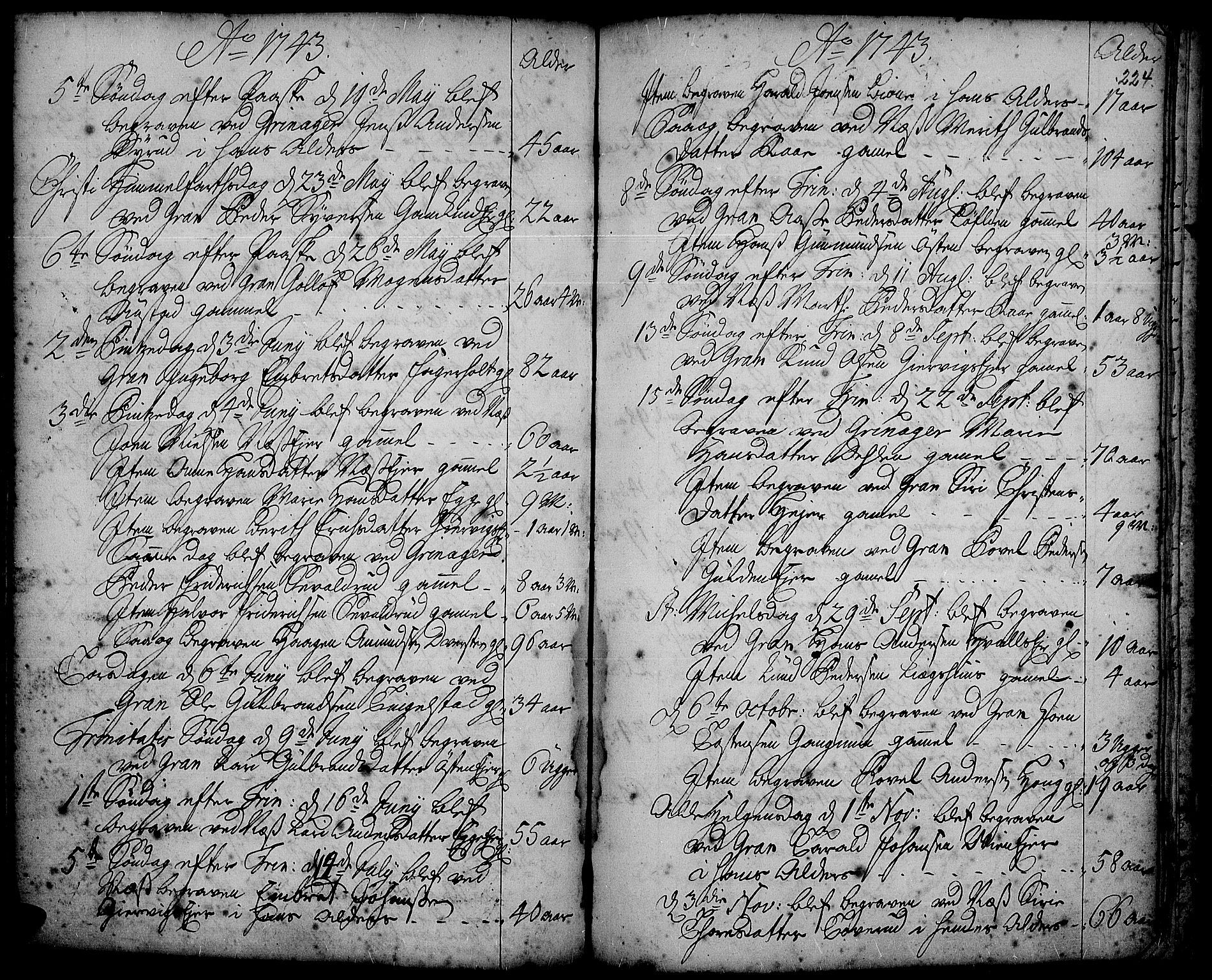 Gran prestekontor, AV/SAH-PREST-112/H/Ha/Haa/L0002: Ministerialbok nr. 2, 1732-1744, s. 224