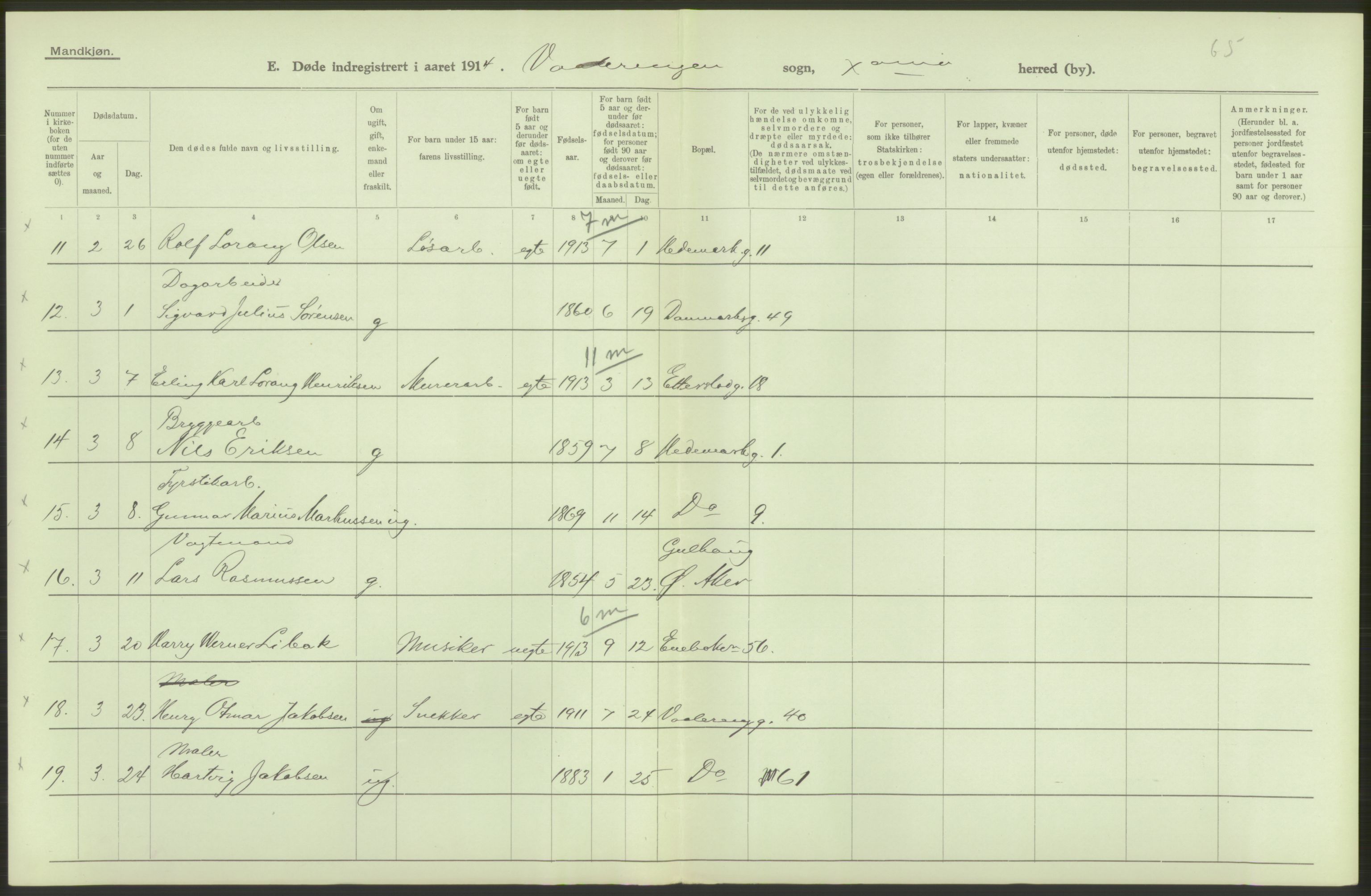 Statistisk sentralbyrå, Sosiodemografiske emner, Befolkning, AV/RA-S-2228/D/Df/Dfb/Dfbd/L0008: Kristiania: Døde, 1914, s. 182