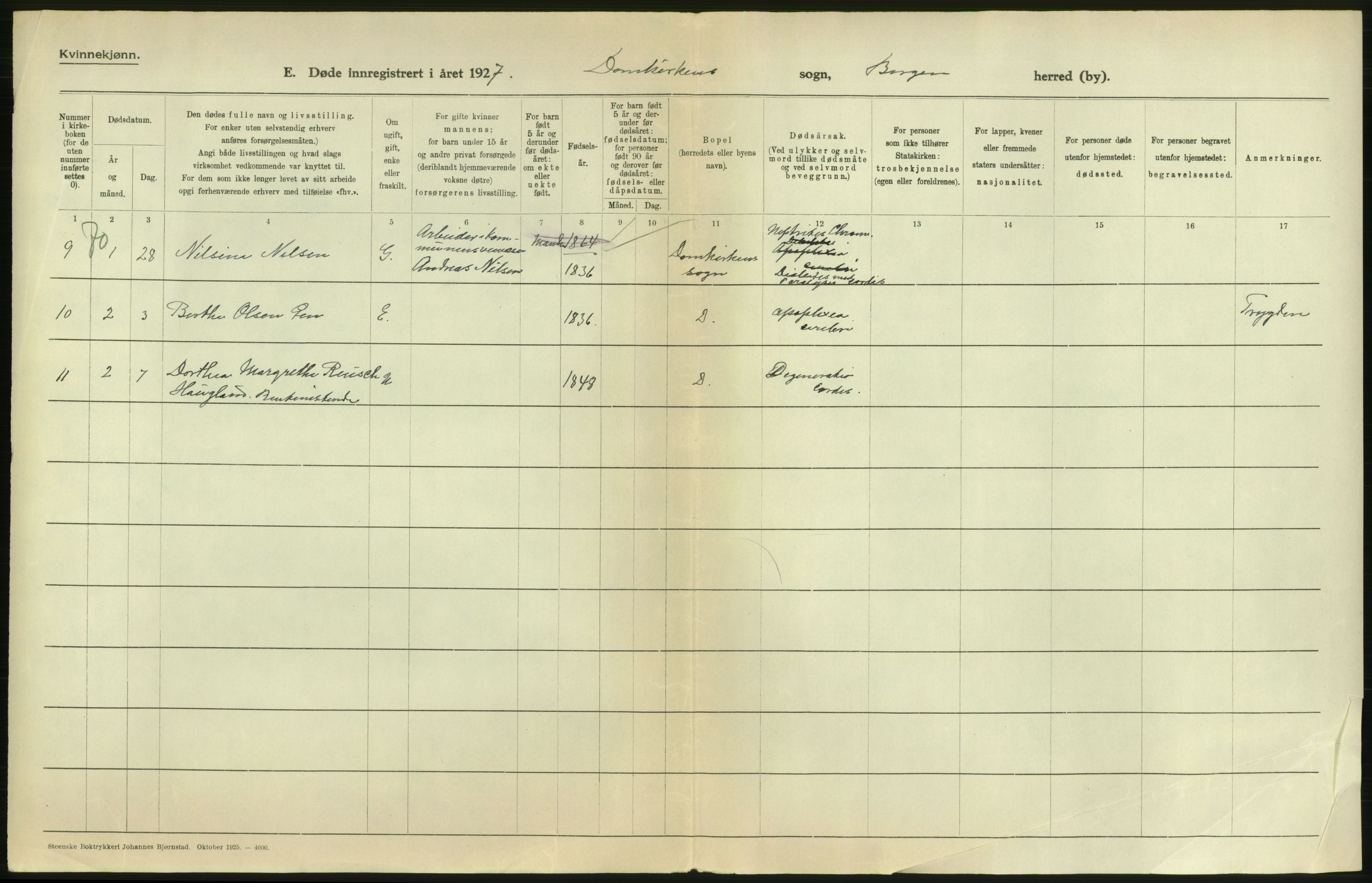 Statistisk sentralbyrå, Sosiodemografiske emner, Befolkning, RA/S-2228/D/Df/Dfc/Dfcg/L0028: Bergen: Gifte, døde., 1927, s. 316