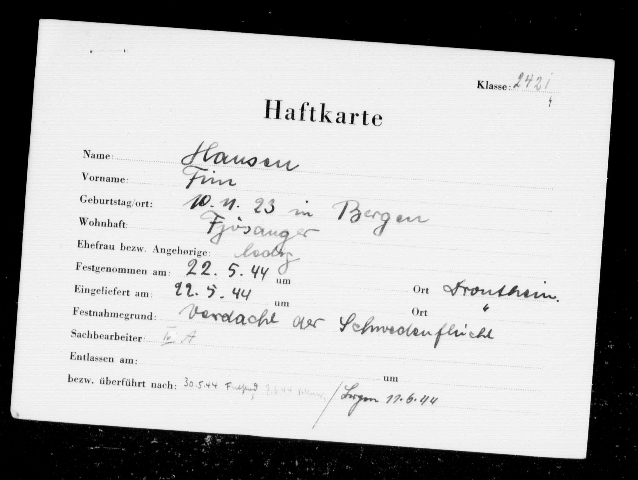 Befehlshaber der Sicherheitspolizei und des SD, AV/RA-RAFA-5969/F/Fc/L0005: Fangeregister Falstad: Hansen F. - Hå, 1941-1945