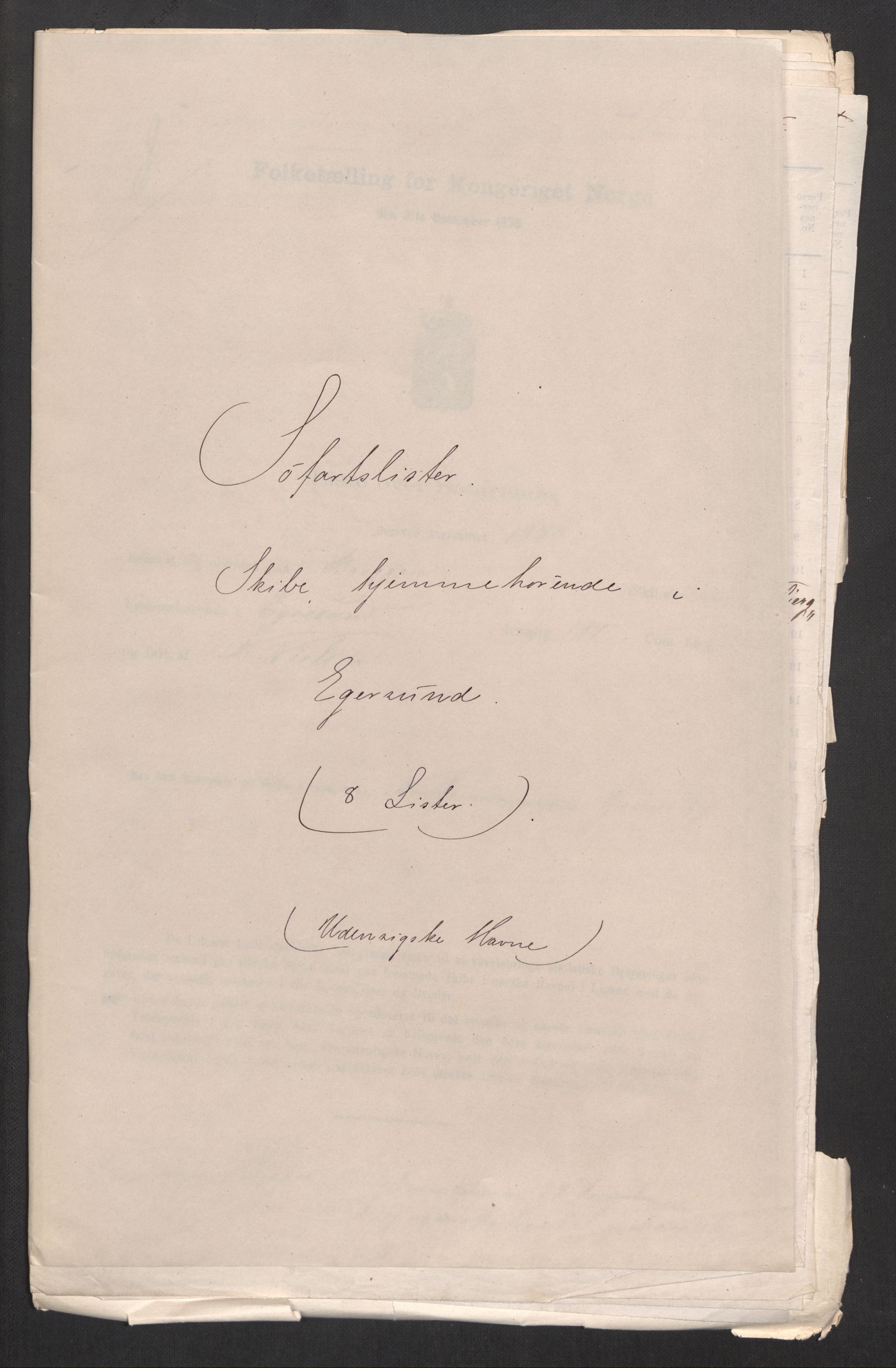 RA, Folketelling 1875, skipslister: Skip i utenrikske havner, hjemmehørende i 1) byer og ladesteder, Grimstad - Tromsø, 2) landdistrikter, 1875, s. 397