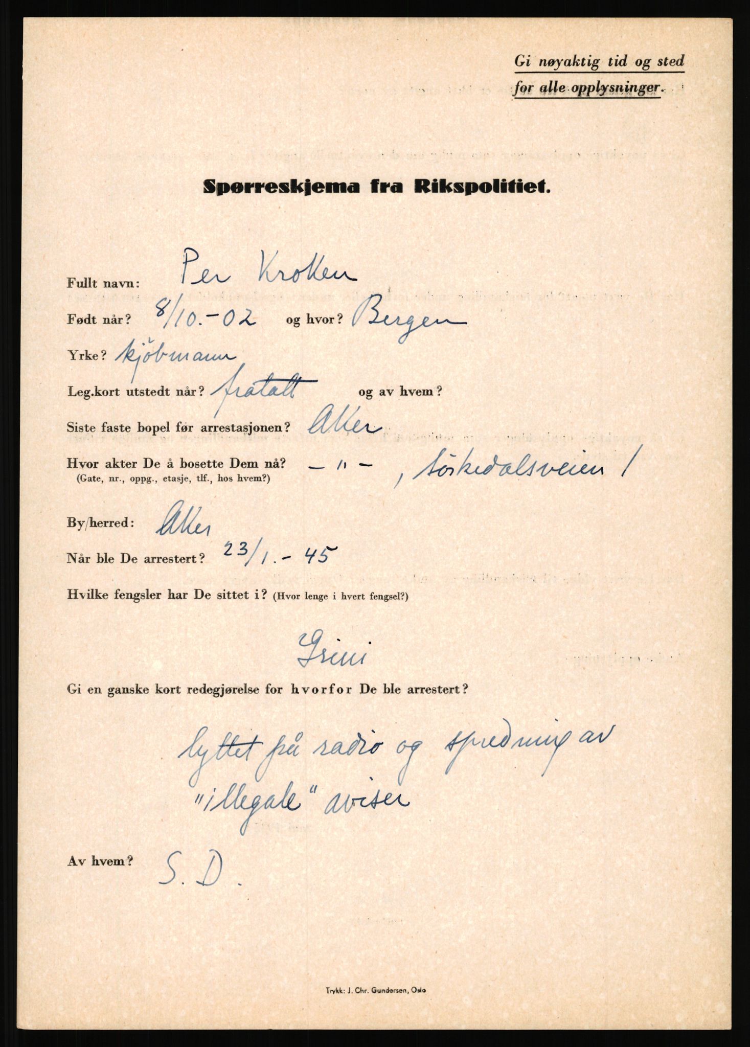 Rikspolitisjefen, AV/RA-S-1560/L/L0010: Kristianslund, Charles Ragnvald - Losvik, Einar, 1940-1945, s. 65