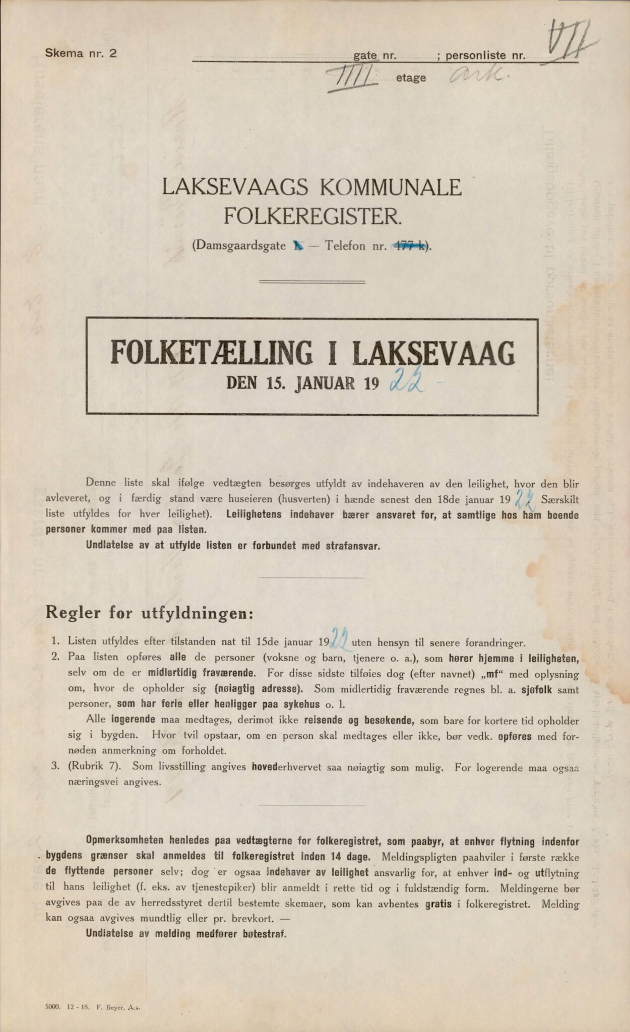 Laksevåg kommune. Folkeregisteret, BBA/A-1586/E/Ea/L0007: Folketellingskjema 1922, 1922