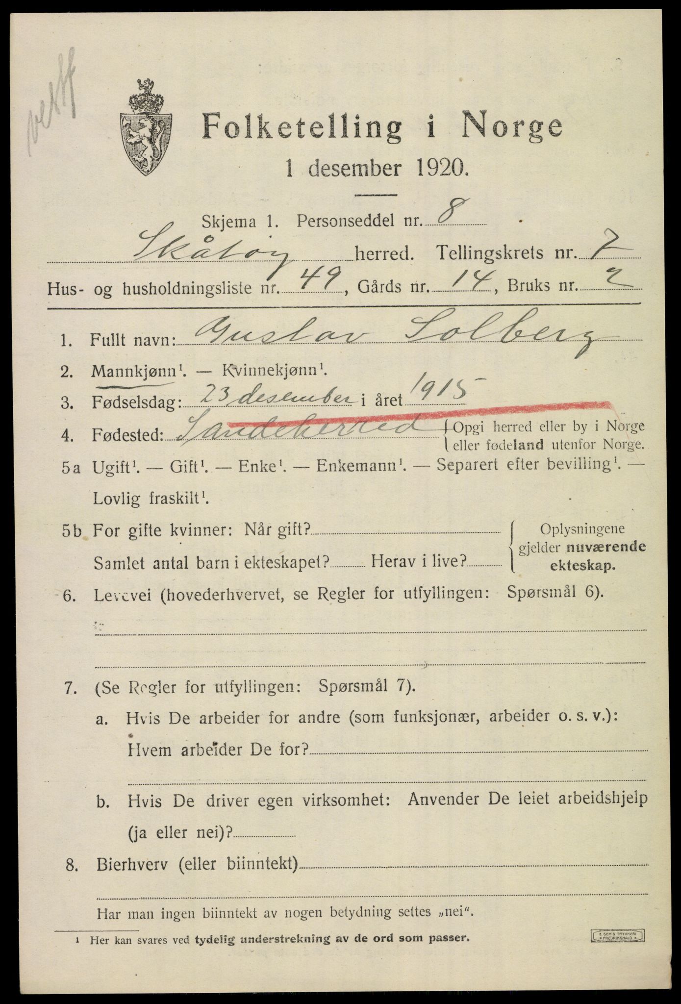 SAKO, Folketelling 1920 for 0815 Skåtøy herred, 1920, s. 5854