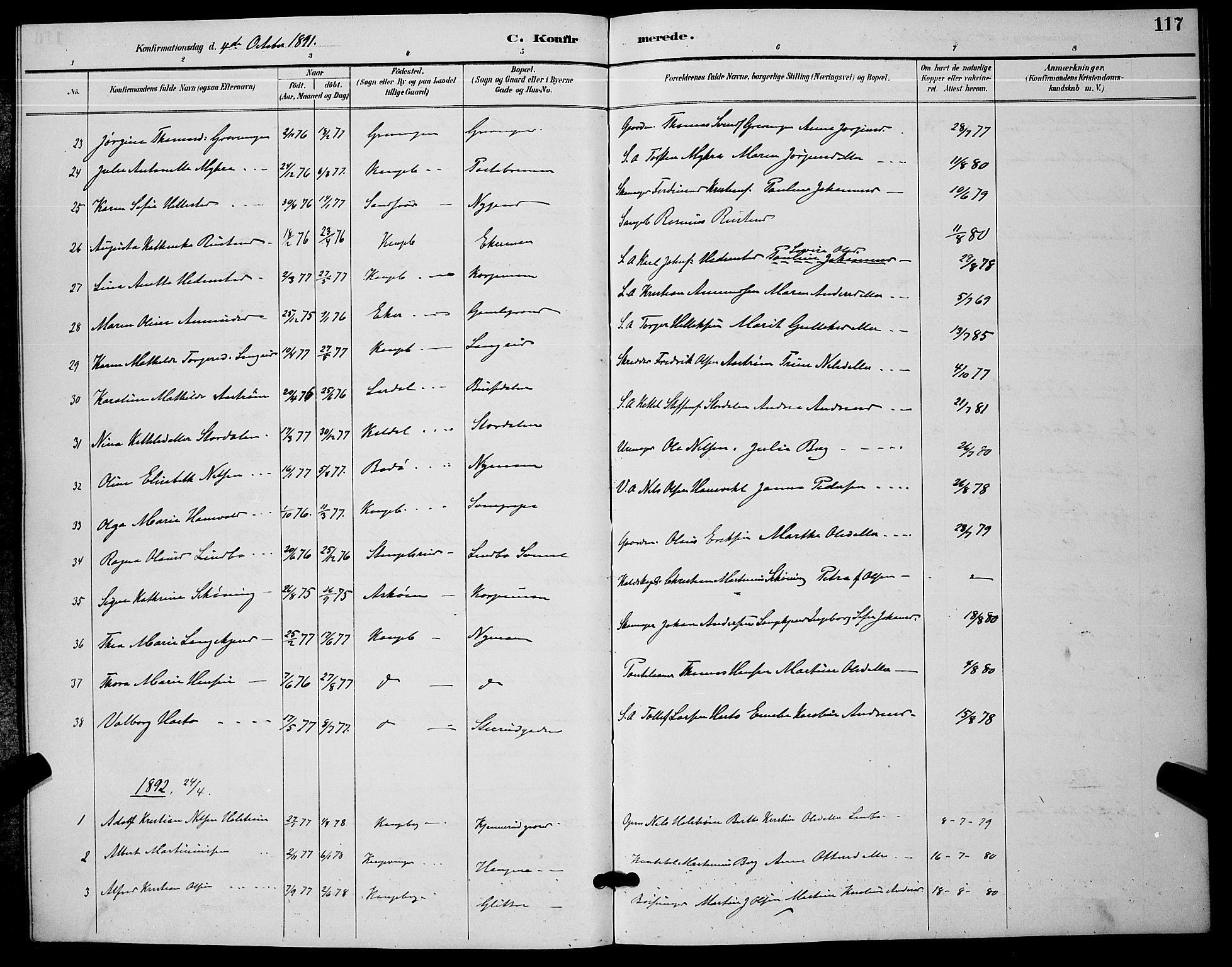 Kongsberg kirkebøker, AV/SAKO-A-22/G/Ga/L0006: Klokkerbok nr. 6, 1890-1901, s. 117