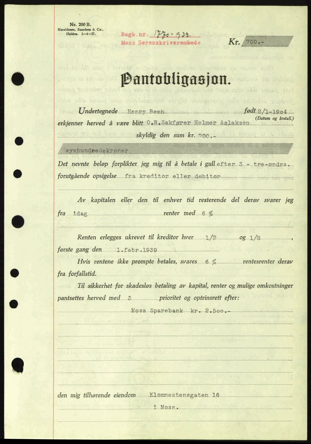 Moss sorenskriveri, SAO/A-10168: Pantebok nr. B6, 1938-1938, Dagboknr: 1770/1938