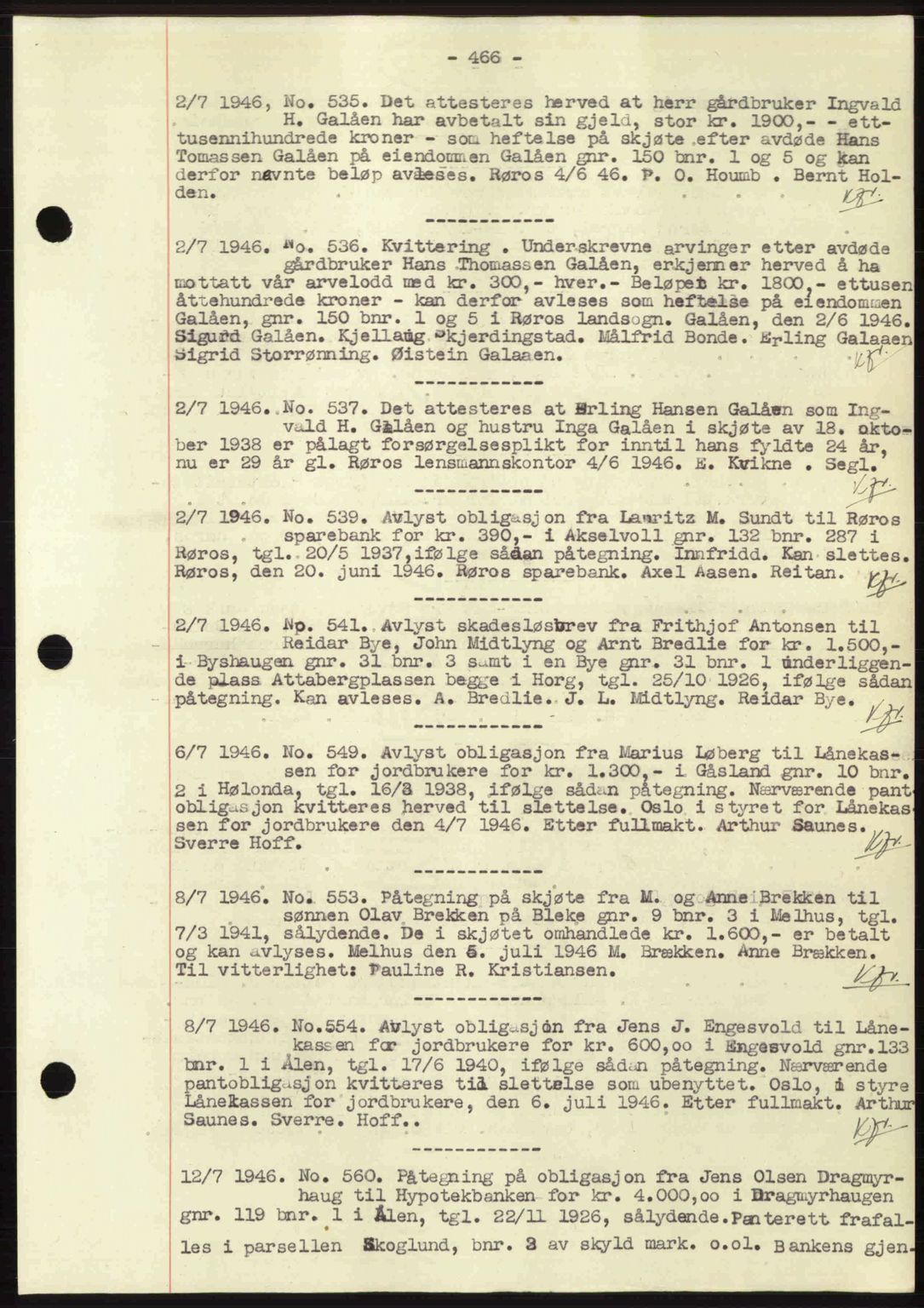 Gauldal sorenskriveri, SAT/A-0014/1/2/2C: Pantebok nr. A2, 1946-1946, Dagboknr: 535/1946