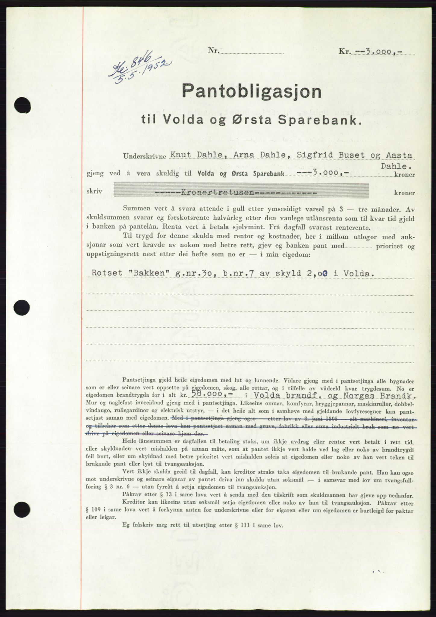 Søre Sunnmøre sorenskriveri, AV/SAT-A-4122/1/2/2C/L0121: Pantebok nr. 9B, 1951-1952, Dagboknr: 846/1952