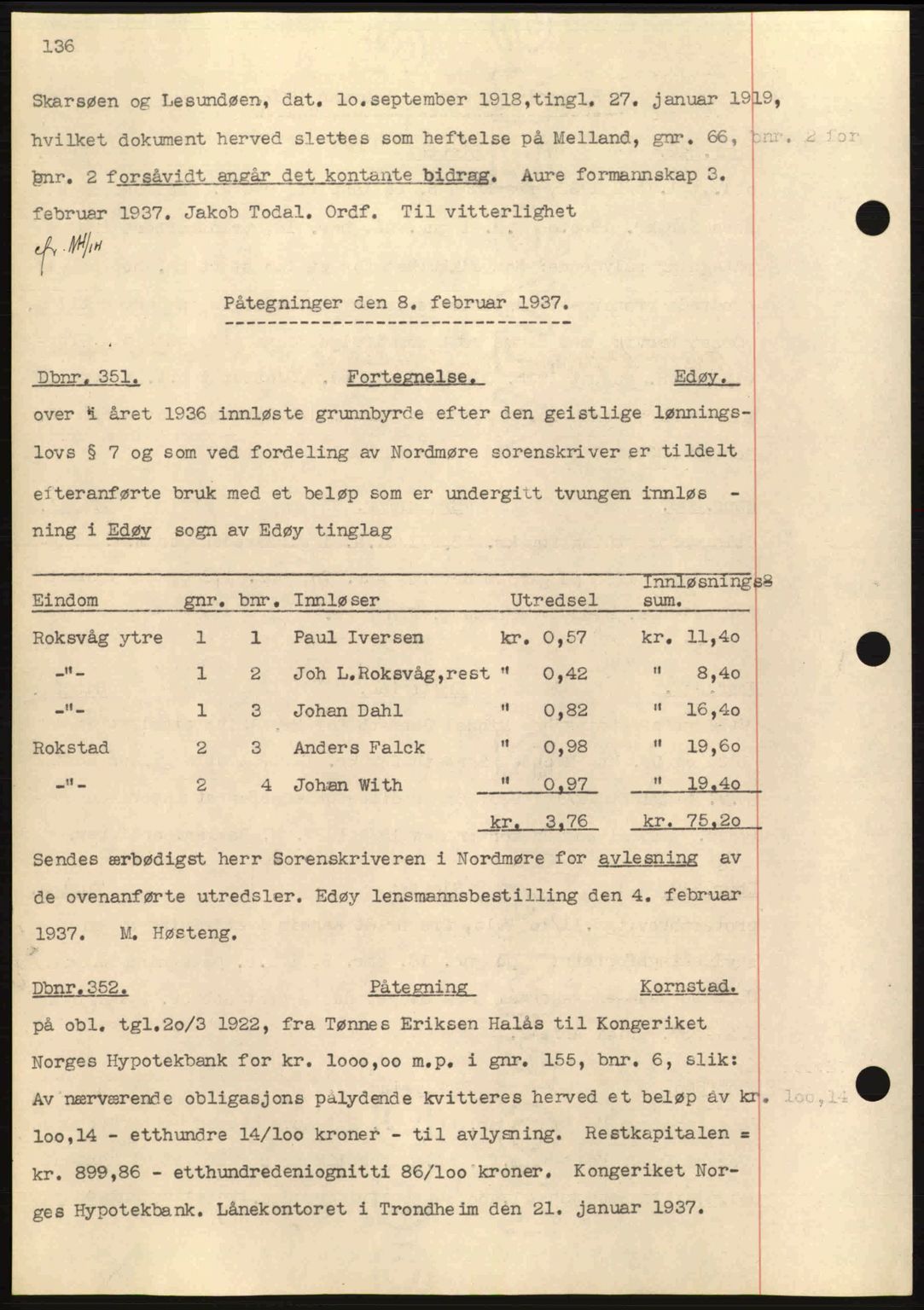 Nordmøre sorenskriveri, SAT/A-4132/1/2/2Ca: Pantebok nr. C80, 1936-1939, Dagboknr: 351/1937