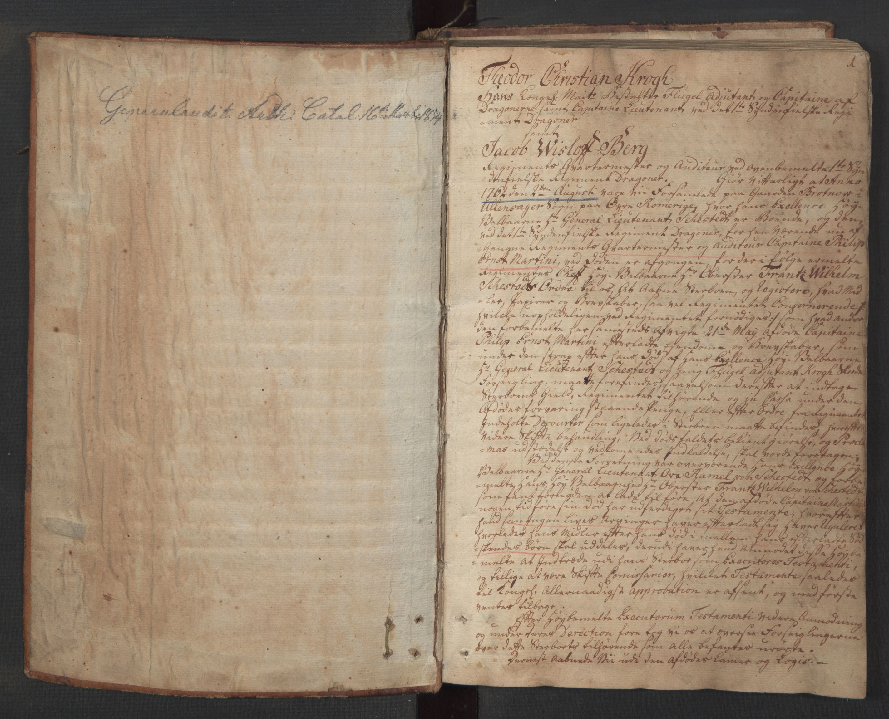 Forsvaret, Generalauditøren, AV/RA-RAFA-1772/F/Fj/Fjc/L0007: Skifteprotokol for 1ste søndenfjeldske dragonregiment, 1762-1789, s. 1