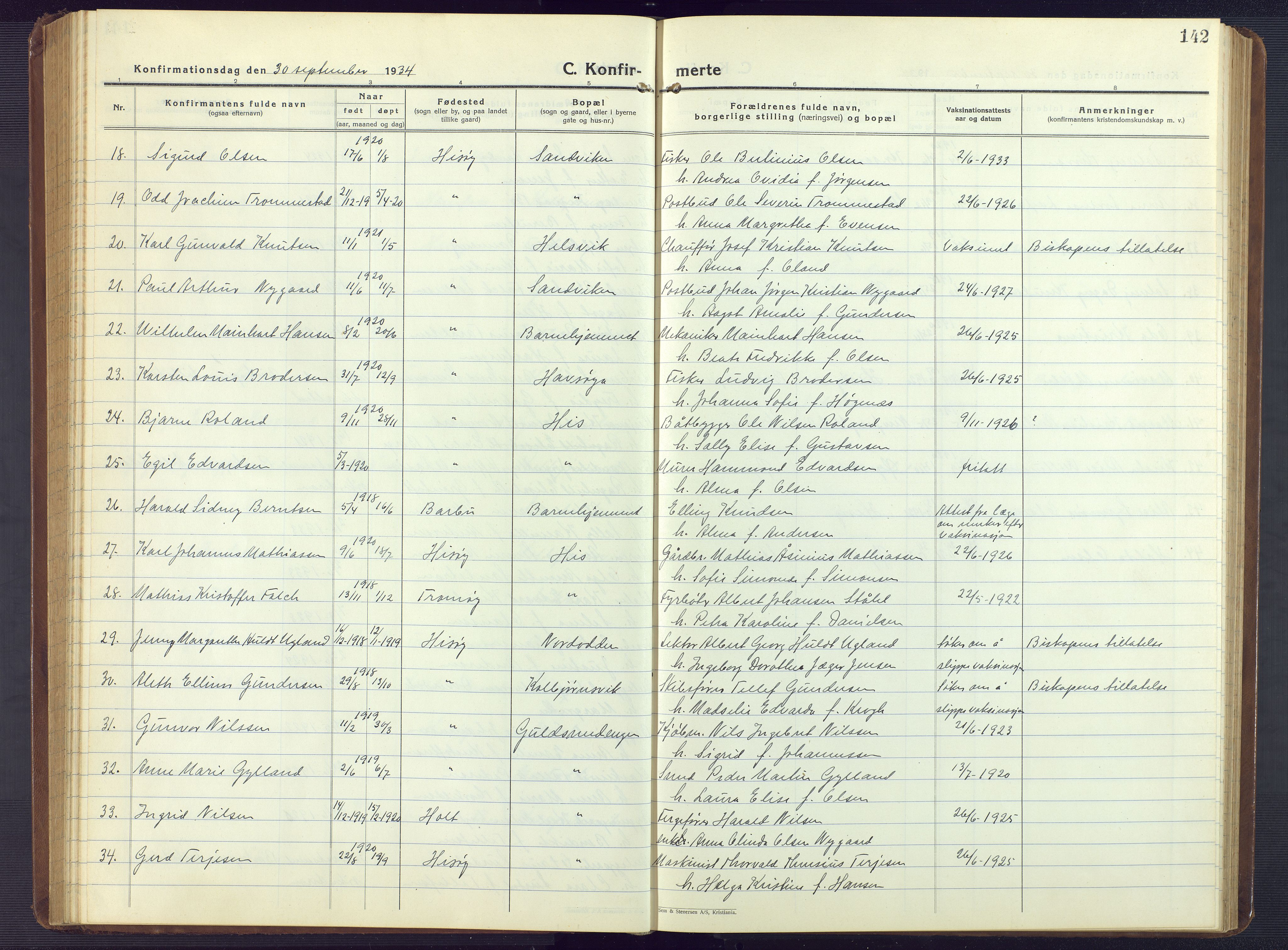 Hisøy sokneprestkontor, AV/SAK-1111-0020/F/Fb/L0005: Klokkerbok nr. B 5, 1924-1946, s. 142