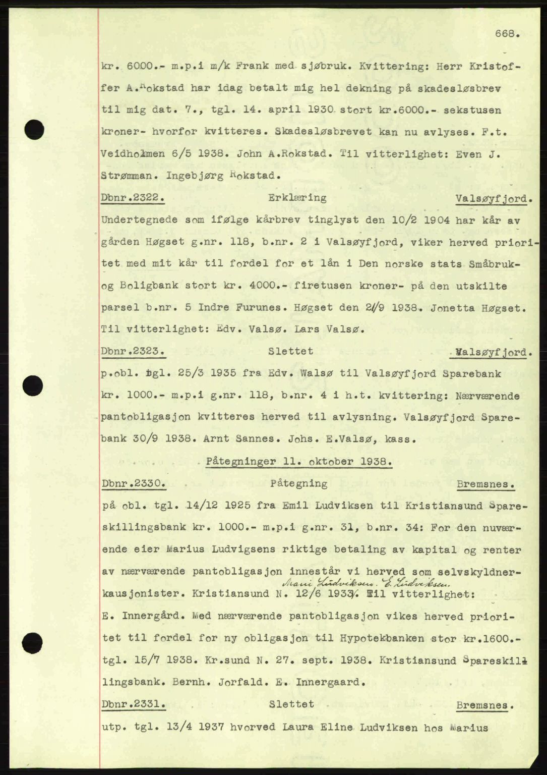 Nordmøre sorenskriveri, SAT/A-4132/1/2/2Ca: Pantebok nr. C80, 1936-1939, Dagboknr: 2322/1938