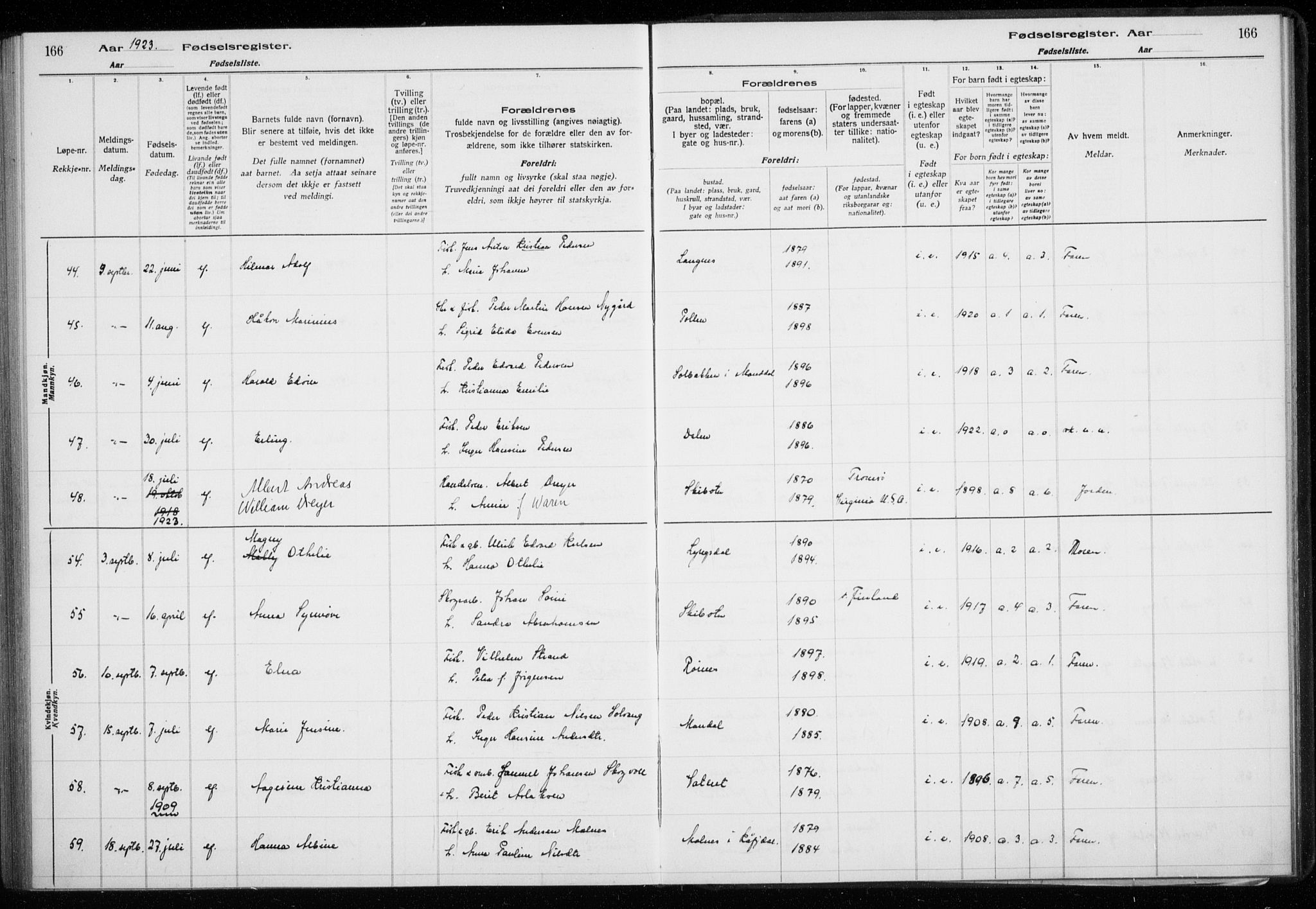 Lyngen sokneprestembete, AV/SATØ-S-1289/I/Ia/L0075: Fødselsregister nr. 75, 1916-1924, s. 166