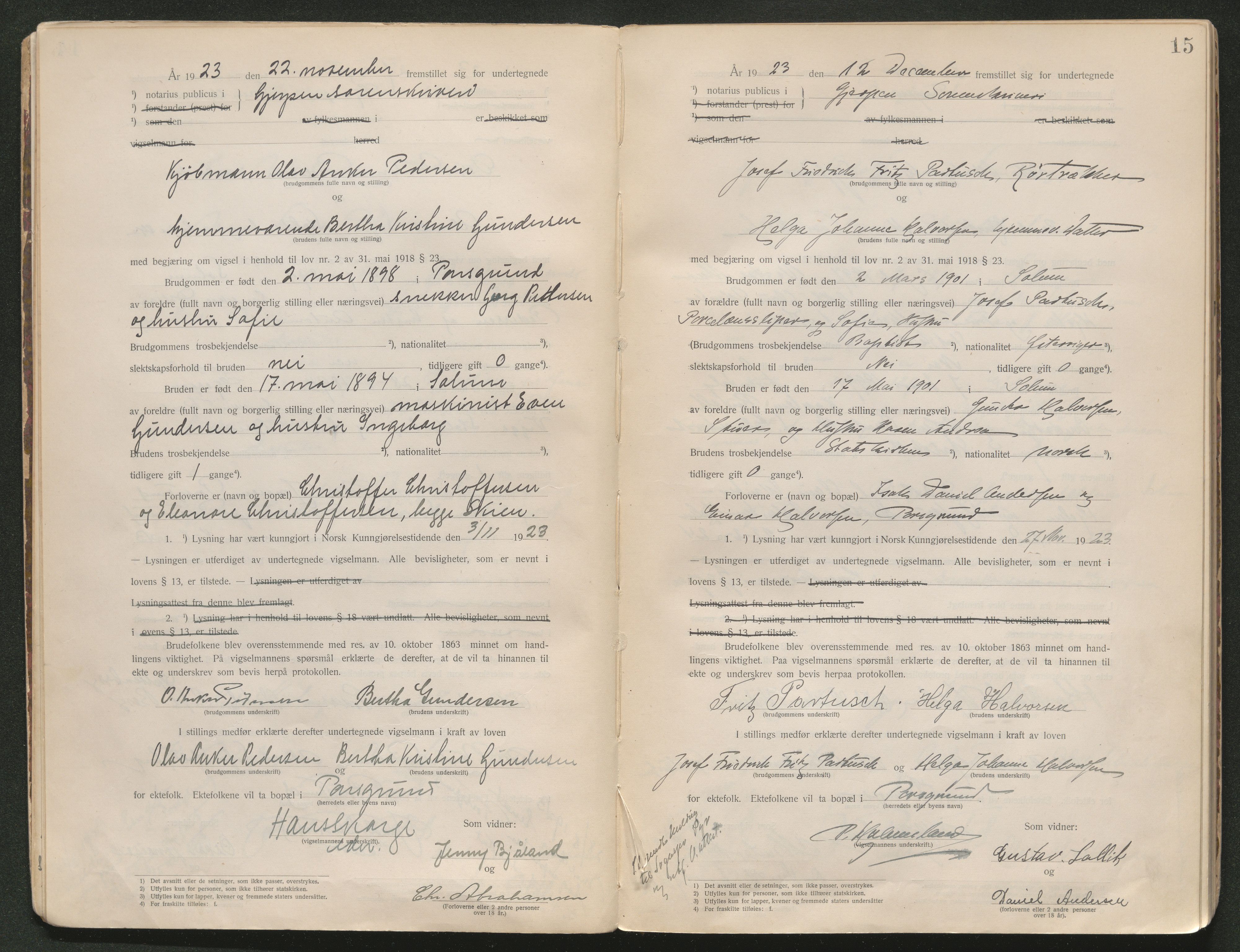 Gjerpen sorenskriveri, SAKO/A-216/L/Lb/L0001: Vigselsprotokoll, 1920-1948, s. 15
