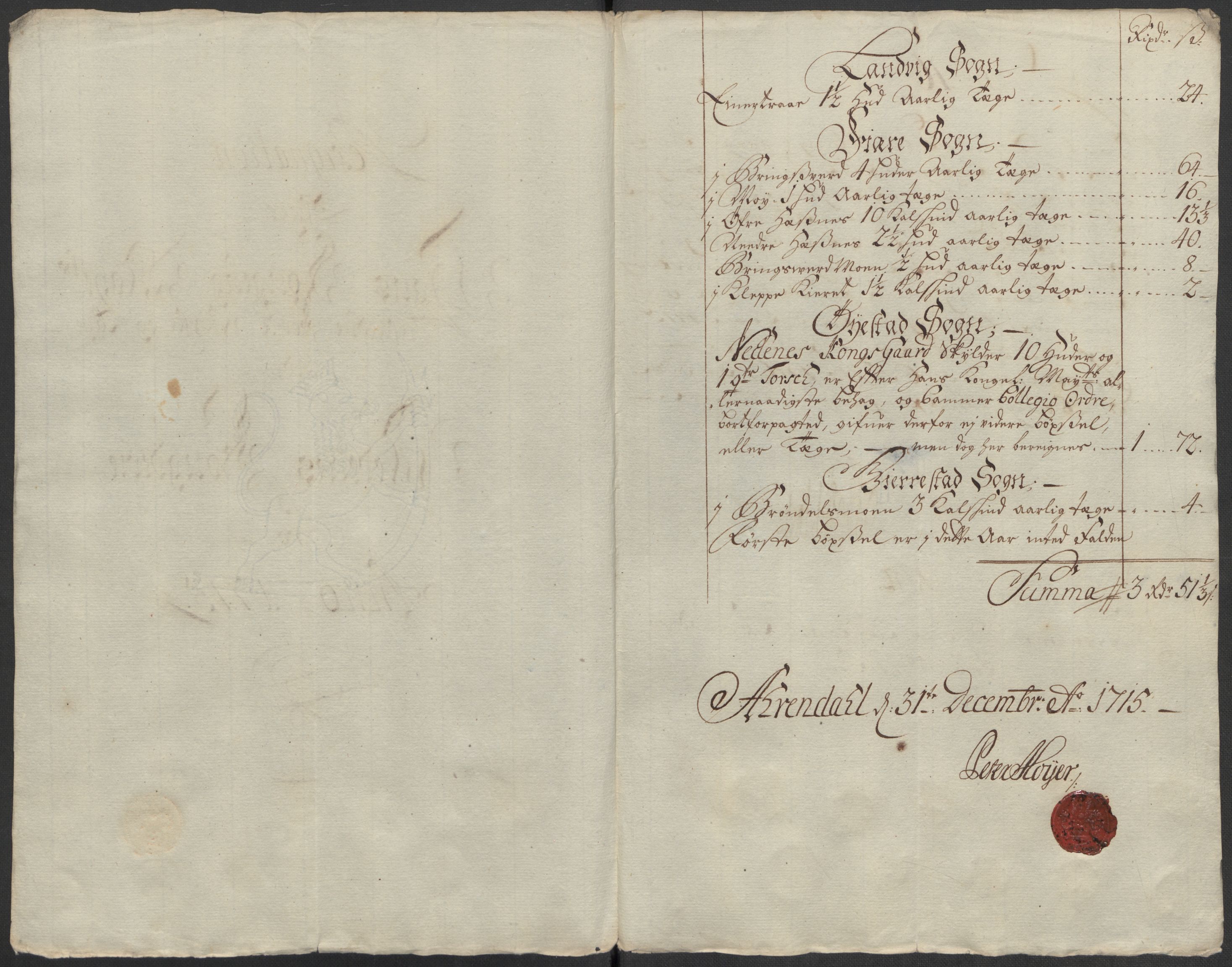 Rentekammeret inntil 1814, Reviderte regnskaper, Fogderegnskap, RA/EA-4092/R39/L2323: Fogderegnskap Nedenes, 1715, s. 131